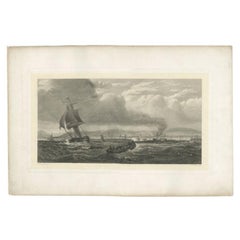 Antiker maritimen Druck mit Schiffen aus der Sicht eines Hafens, um 1860