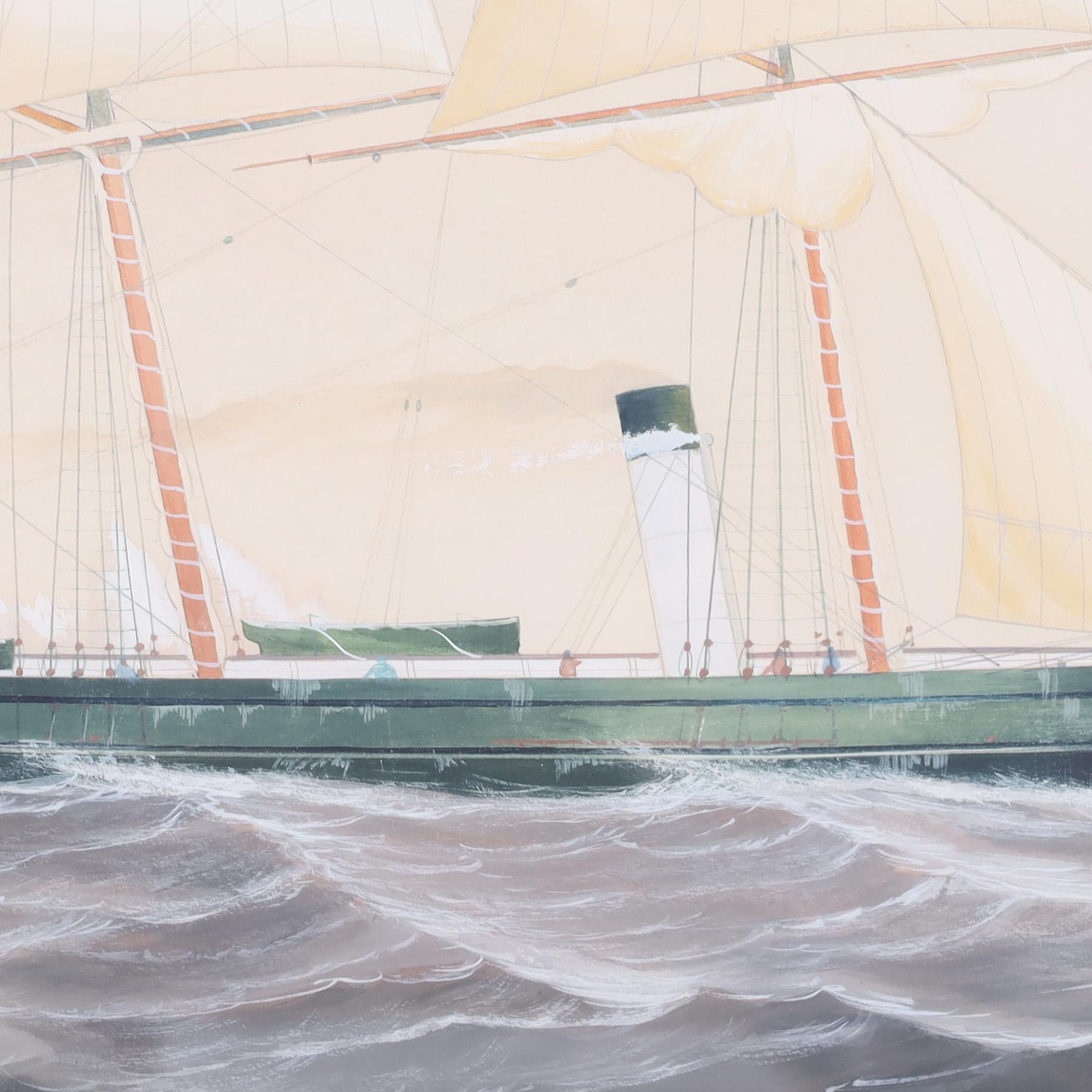 Edwardian Antique Maritime Watercolor on Paper of a Yacht For Sale