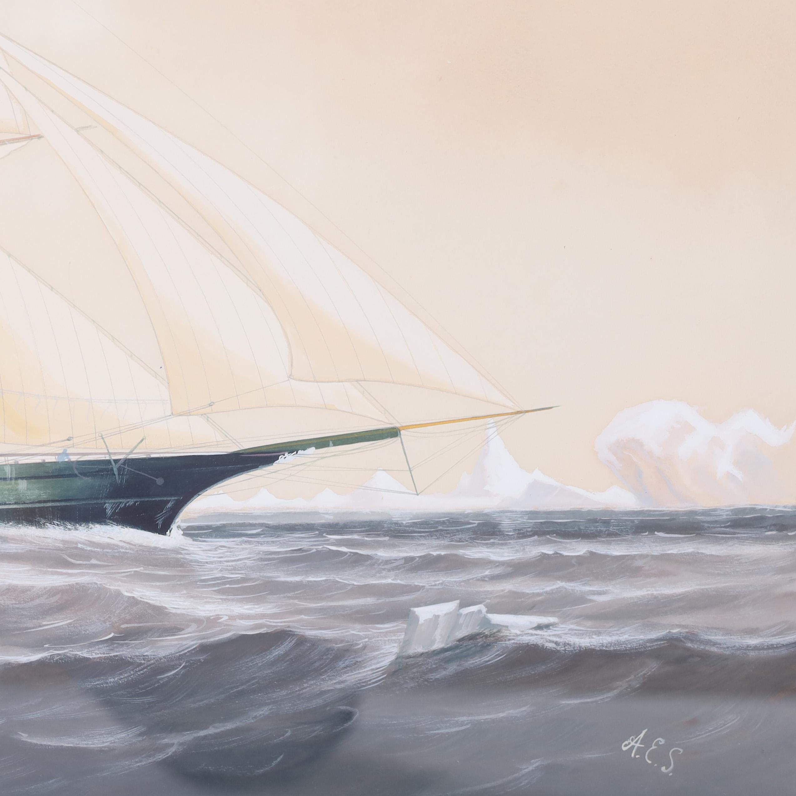 Anglais Aquarelle maritime ancienne sur papier d'un yacht en vente