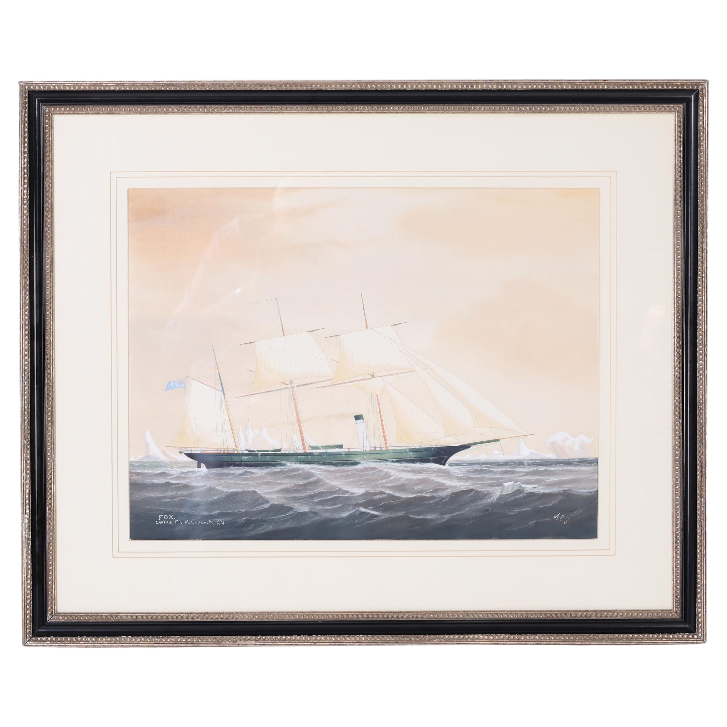 Antique Maritime Watercolor on Paper of a Yacht For Sale