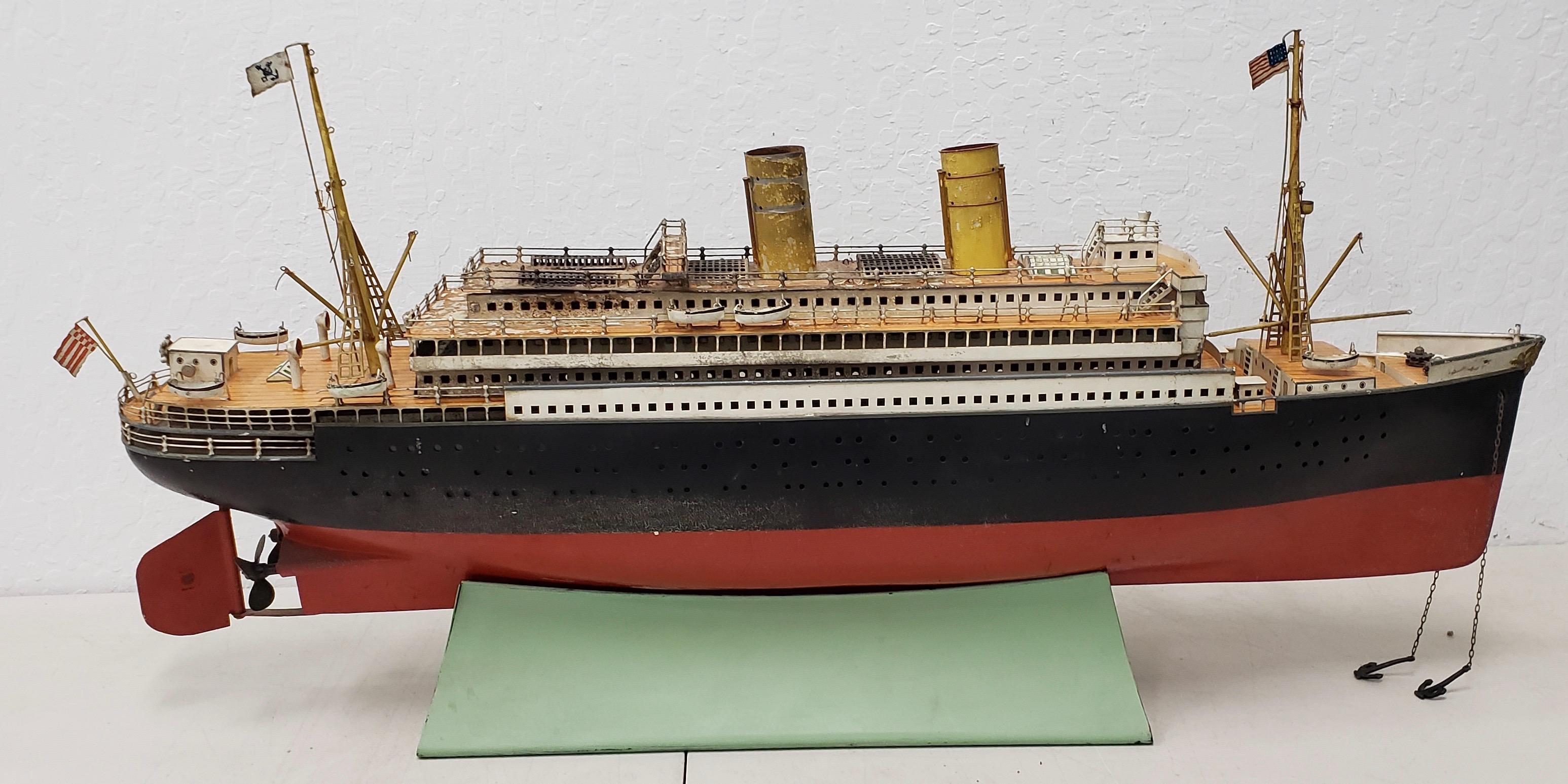 19th Century Antique Marklin Ocean Liner with American Flags and Lifeboats, circa 1900 For Sale