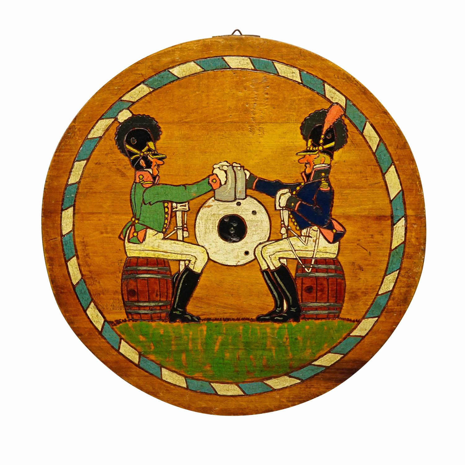 Antique Marksman Shooting Target Plaque with Soldiers

An antique wooden shooting target plaque with a handpainted illustration of two soldiers of the Victorian age, a Prussian and an Austrian, drinking beer. Germany around 1900. 

Measures:
Height: