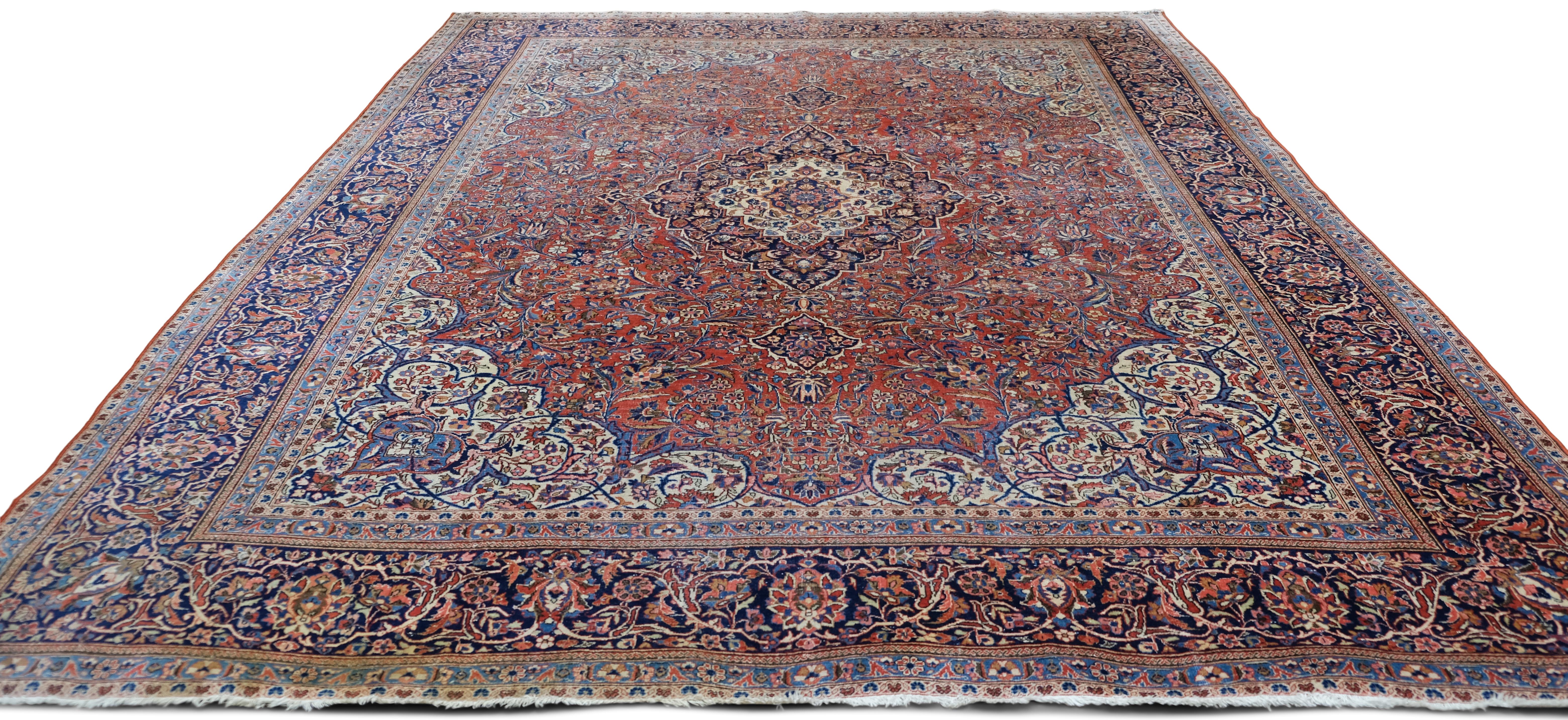 Antique Maroon Ornate Persian Kashan Wool Rug 8'8''x11' In Good Condition For Sale In Torrance, CA
