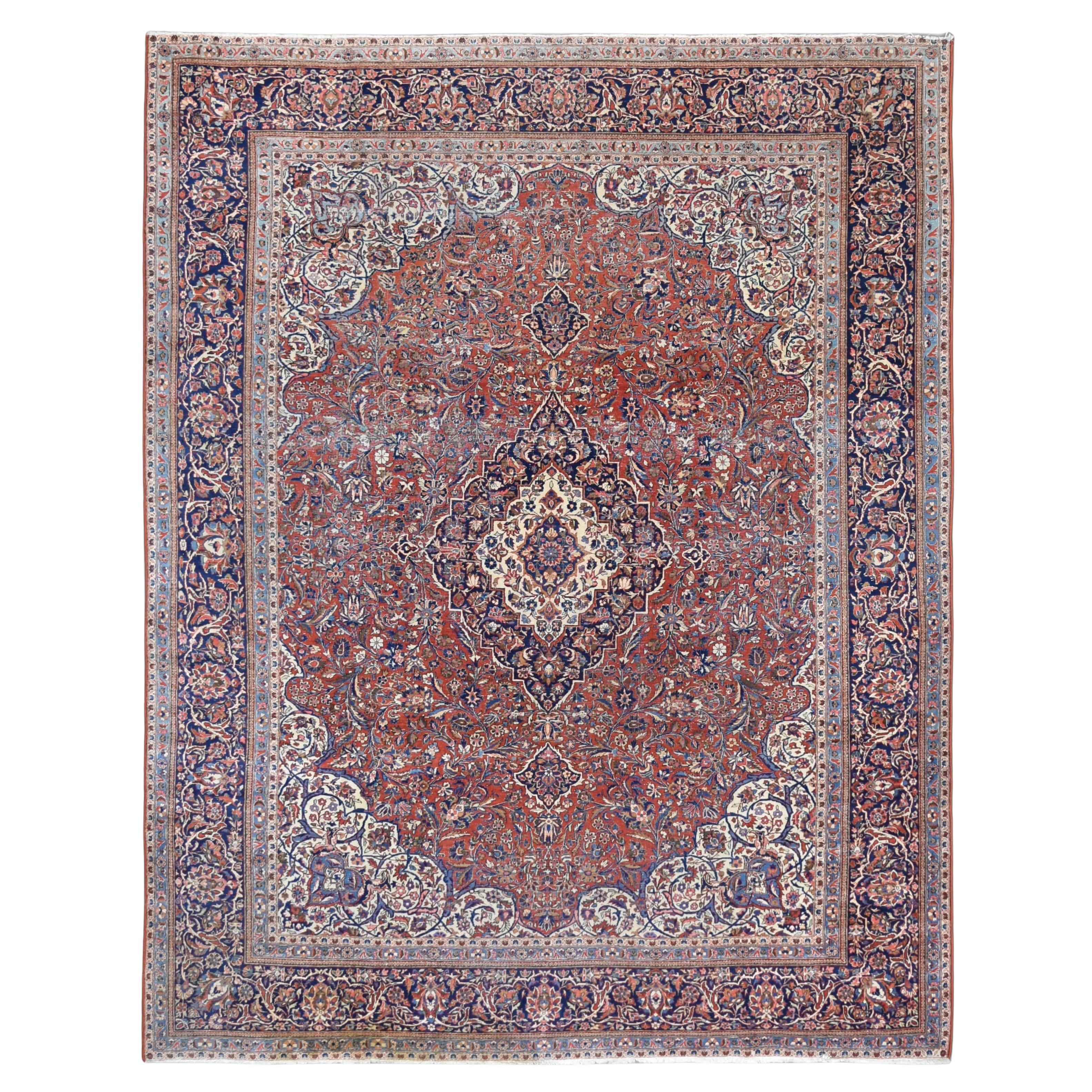 Ancien tapis persan Kashan orné de marron 8'8''x11'