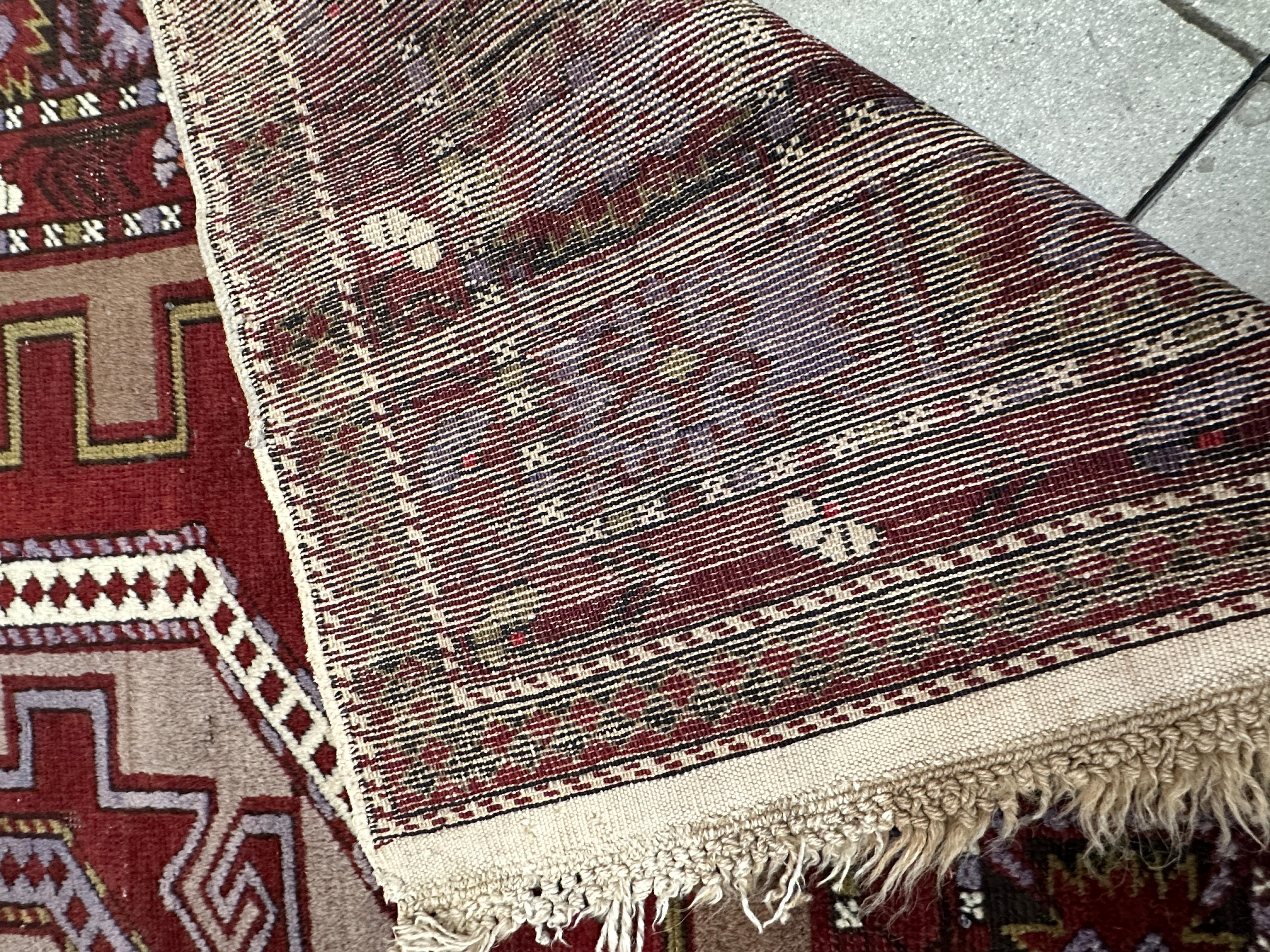 Hand-Woven Old Marooon and Purple Russian Accent Rug For Sale