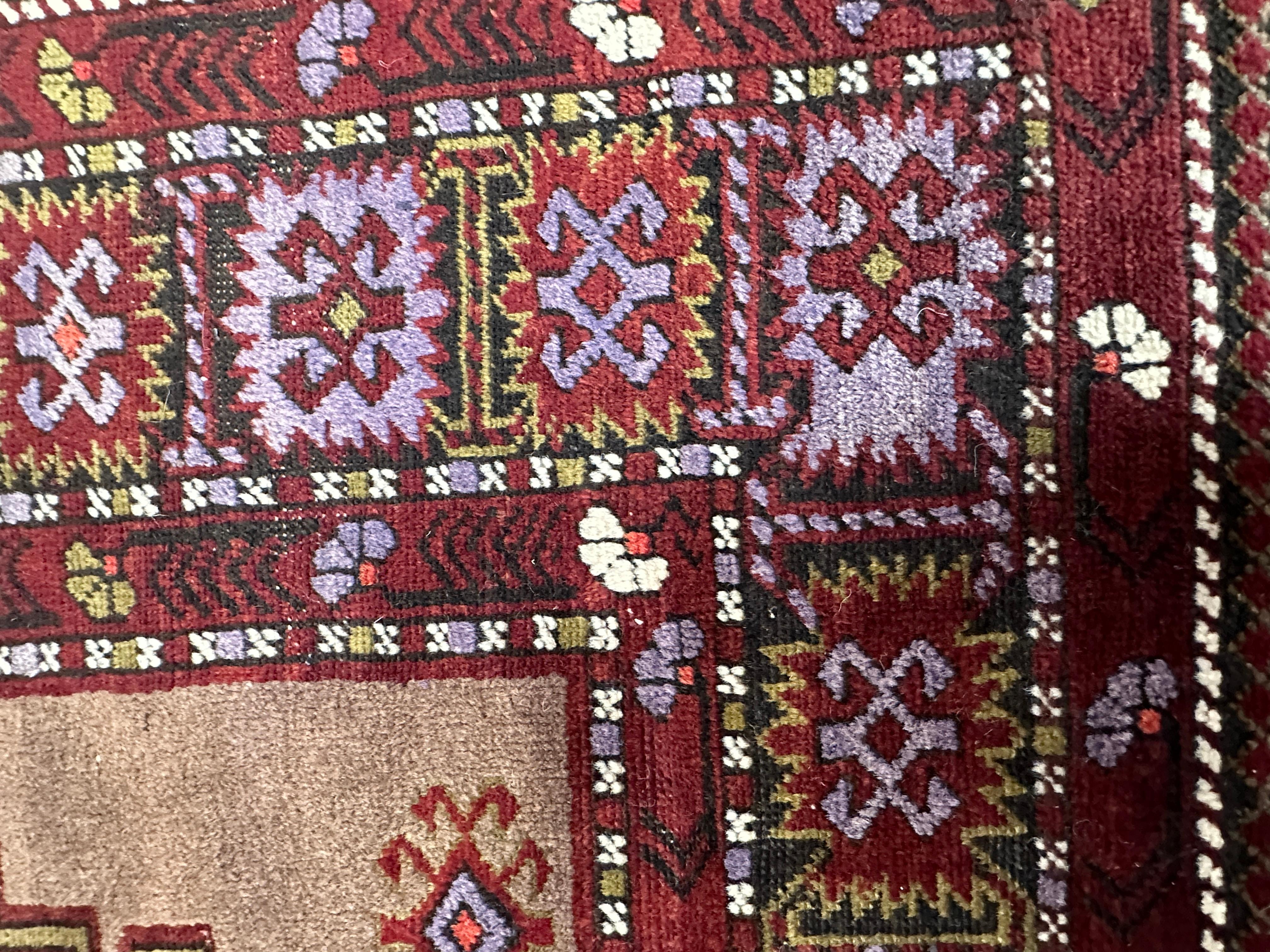 Old Marooon and Purple Russian Accent Rug In Good Condition For Sale In West Hollywood, CA
