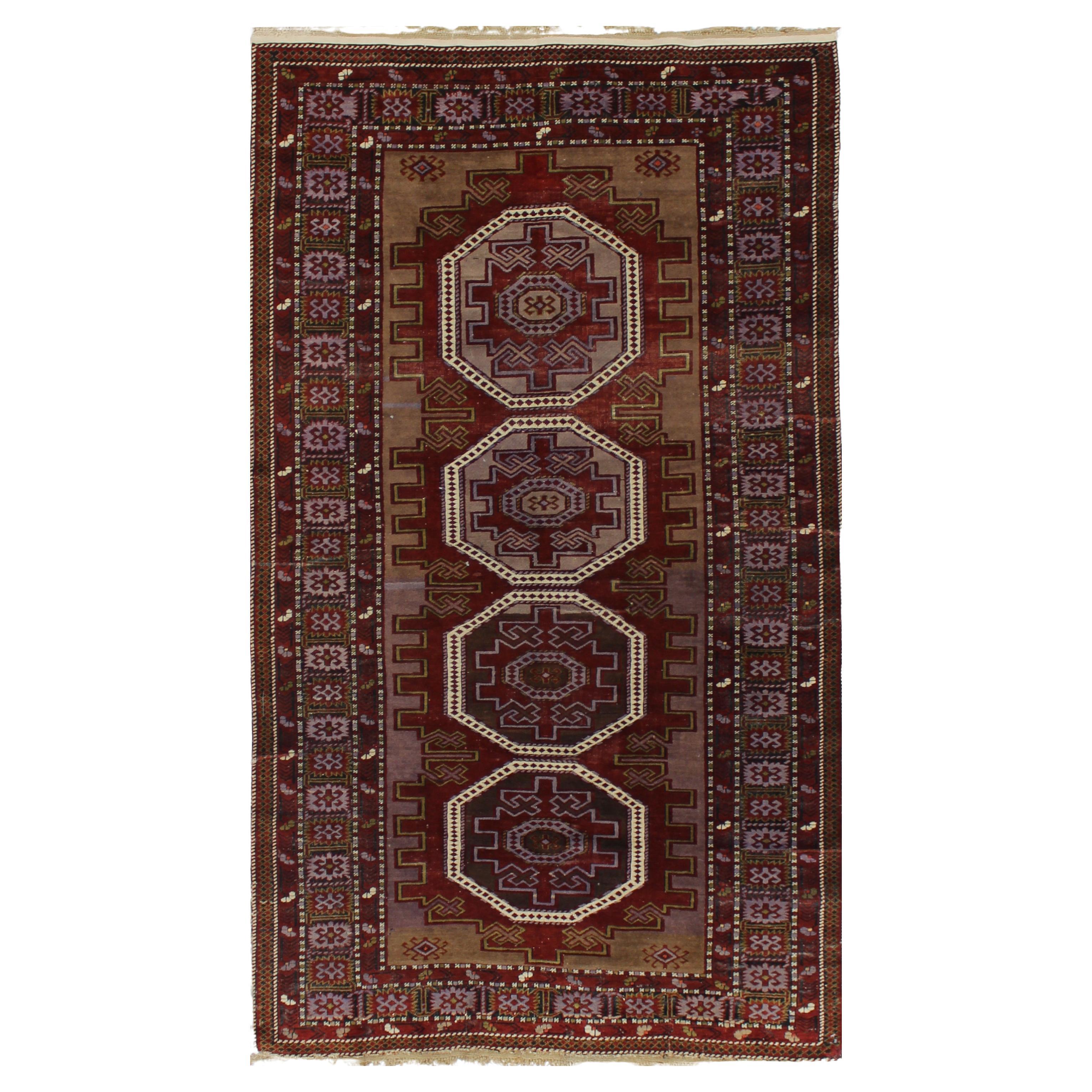 Old Marooon and Purple Russian Accent Rug For Sale