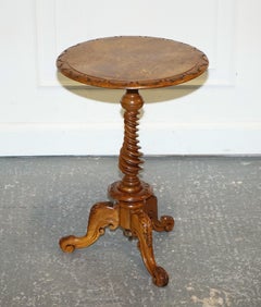 ANTIQUE MARQUETRY BURR WALNUT PEDESTAL SIDE END TABLE WiTH CARVED & TURNED BASE