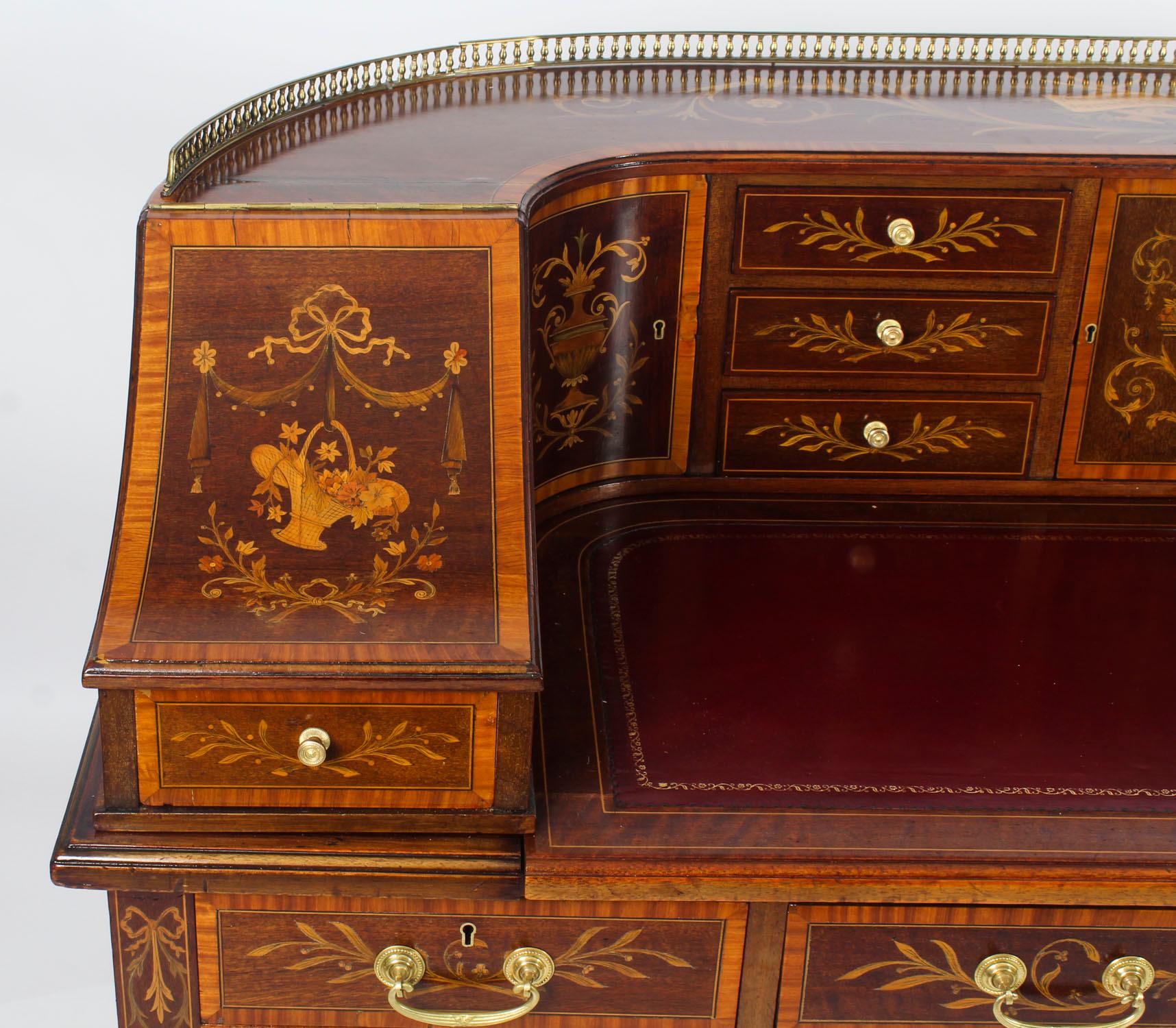 English Antique Marquetry Carlton House Desk Writing Table Druce & Co., 19th Century