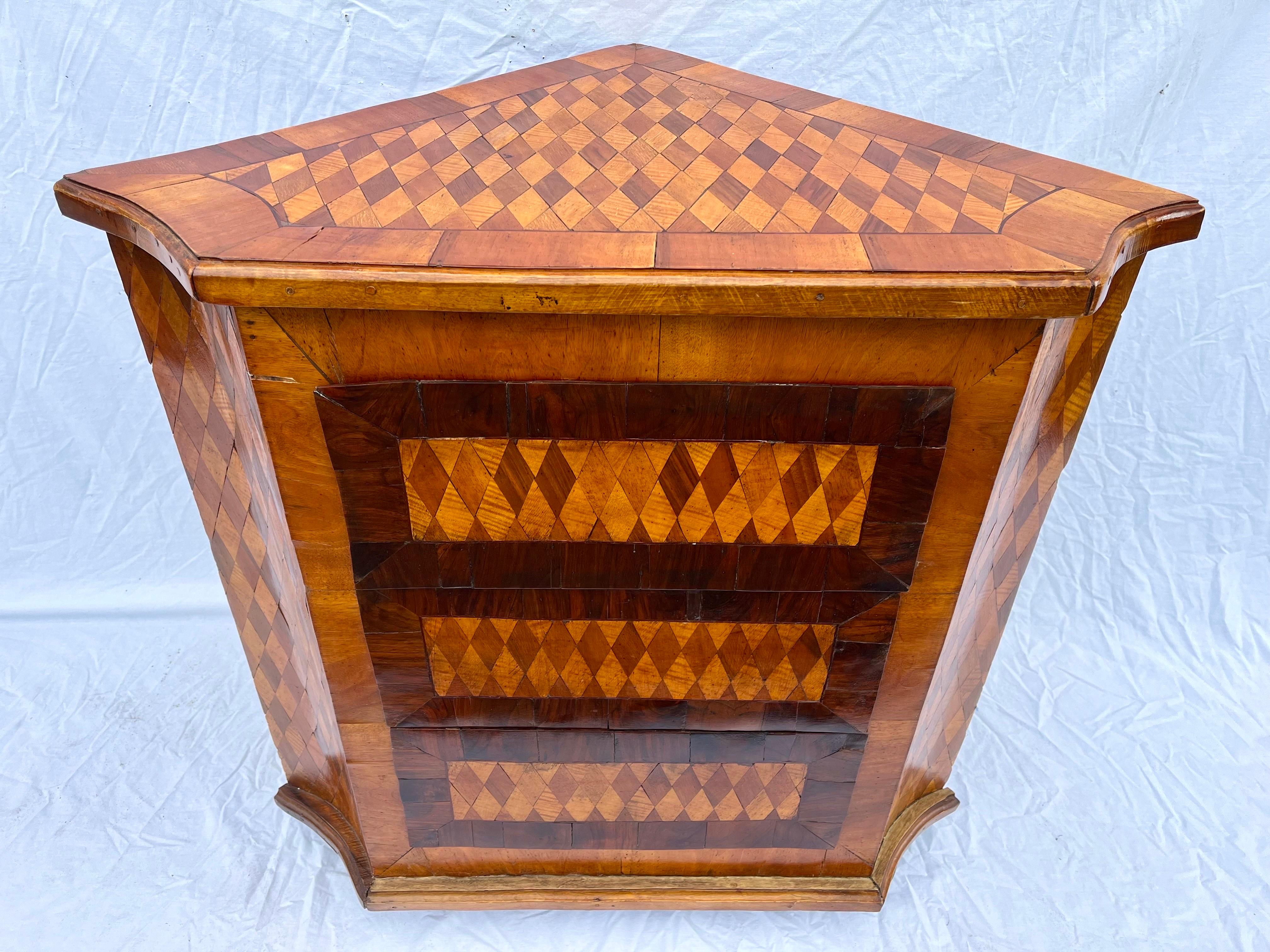 Antique Marquetry Diamond Inlaid Wood Three Drawer Corner Cabinet Chest or Table 10