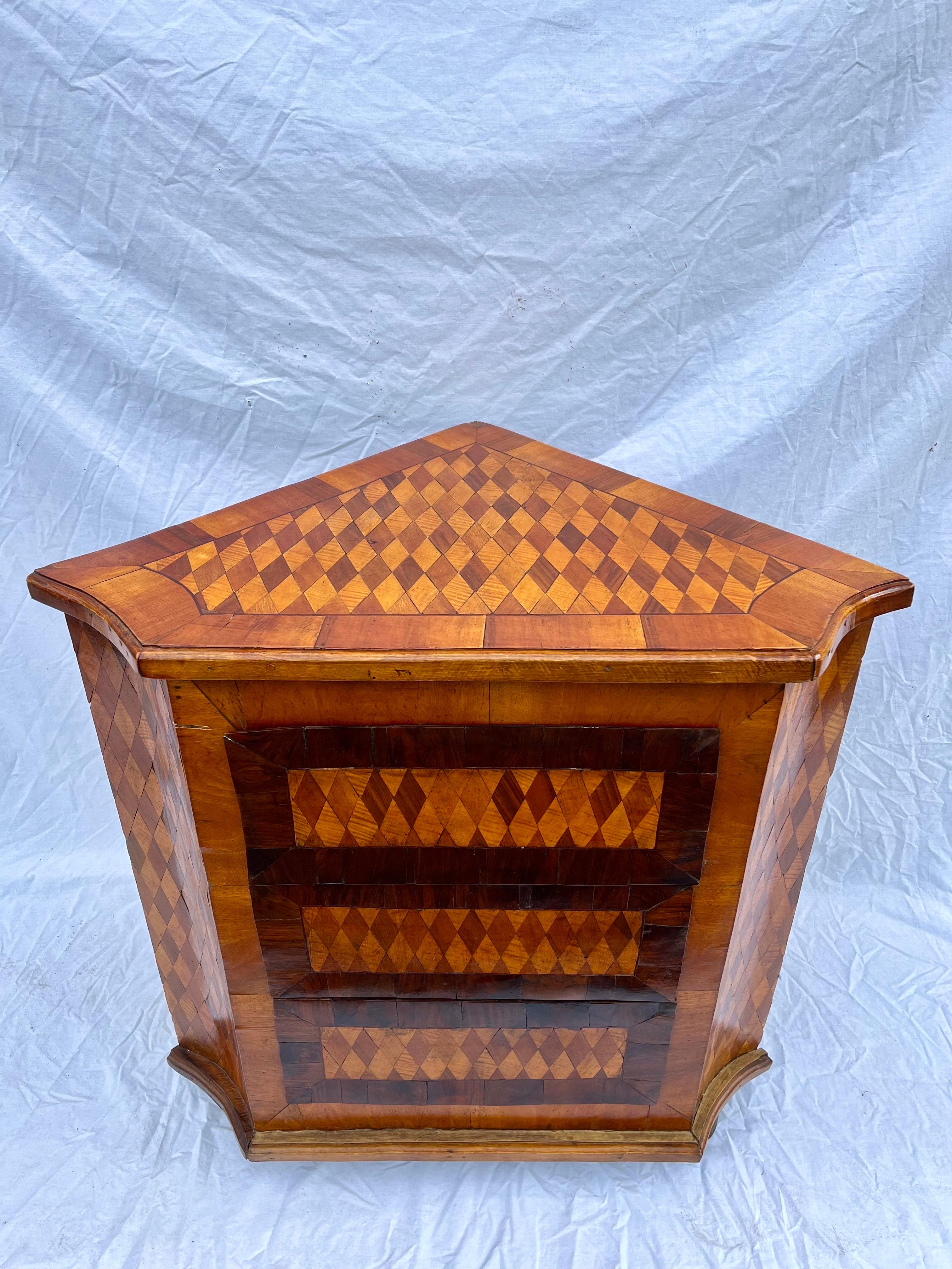 Antique Marquetry Diamond Inlaid Wood Three Drawer Corner Cabinet Chest or Table 11