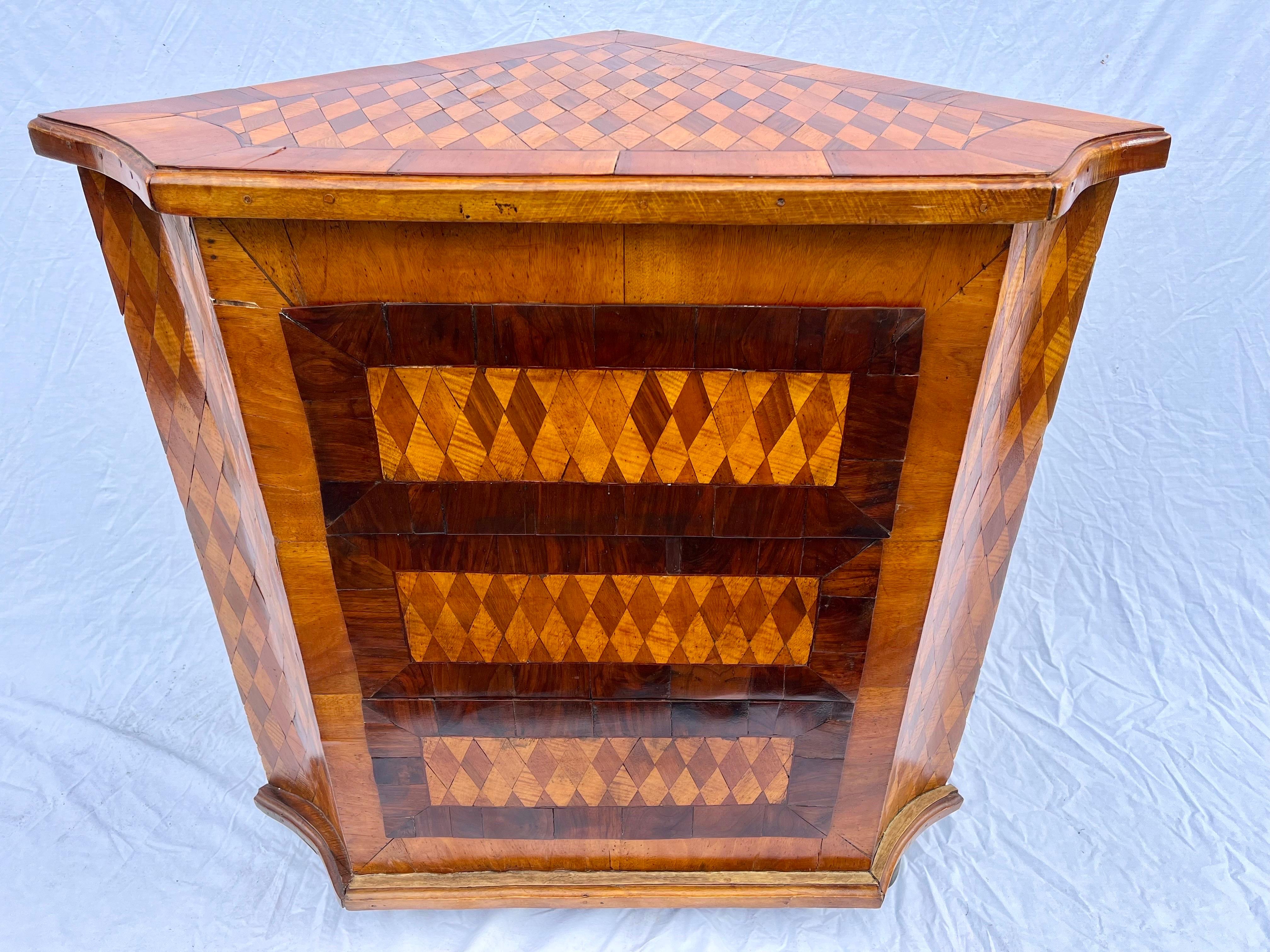 European Antique Marquetry Diamond Inlaid Wood Three Drawer Corner Cabinet Chest or Table