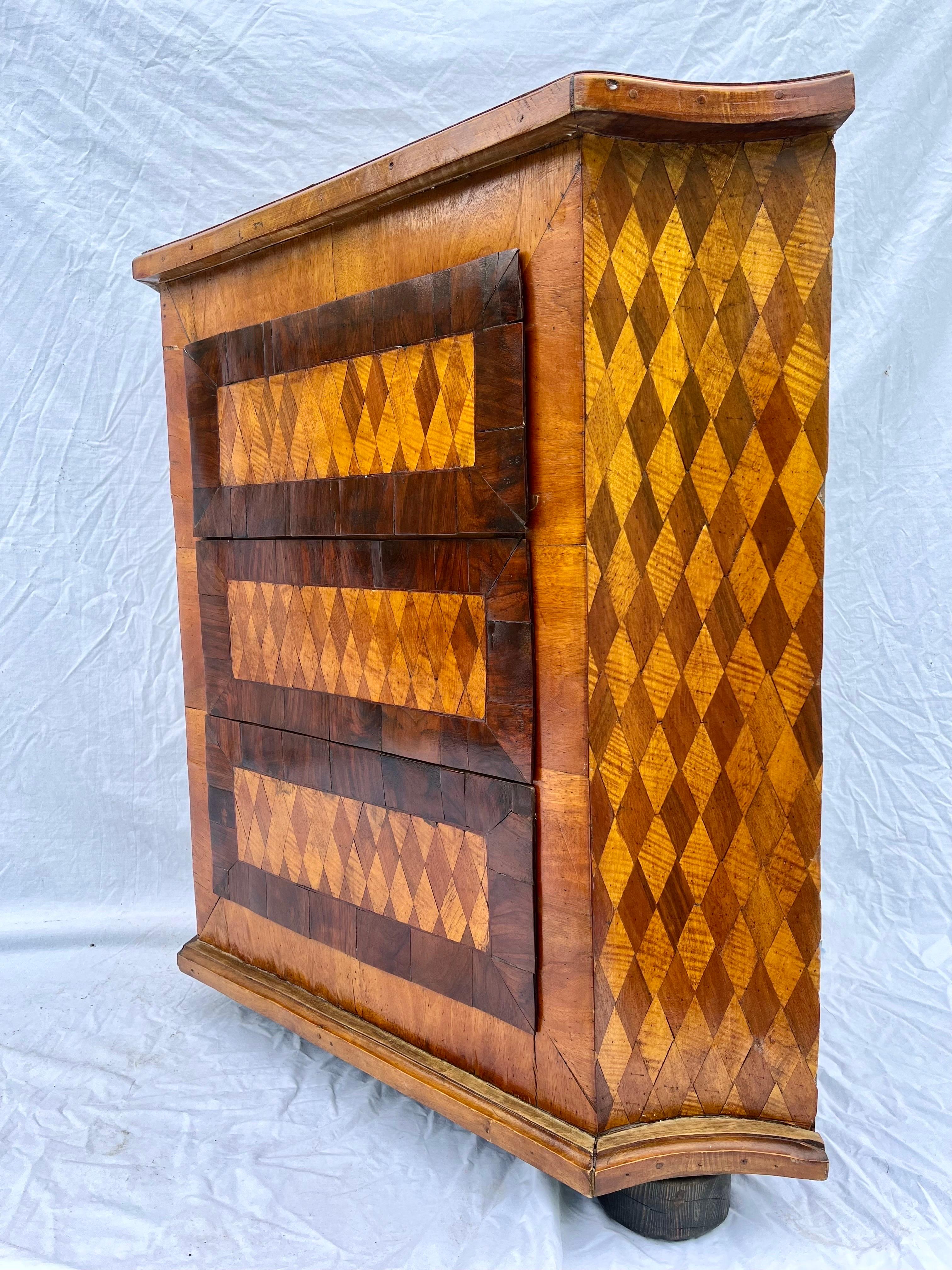 Antique Marquetry Diamond Inlaid Wood Three Drawer Corner Cabinet Chest or Table 2