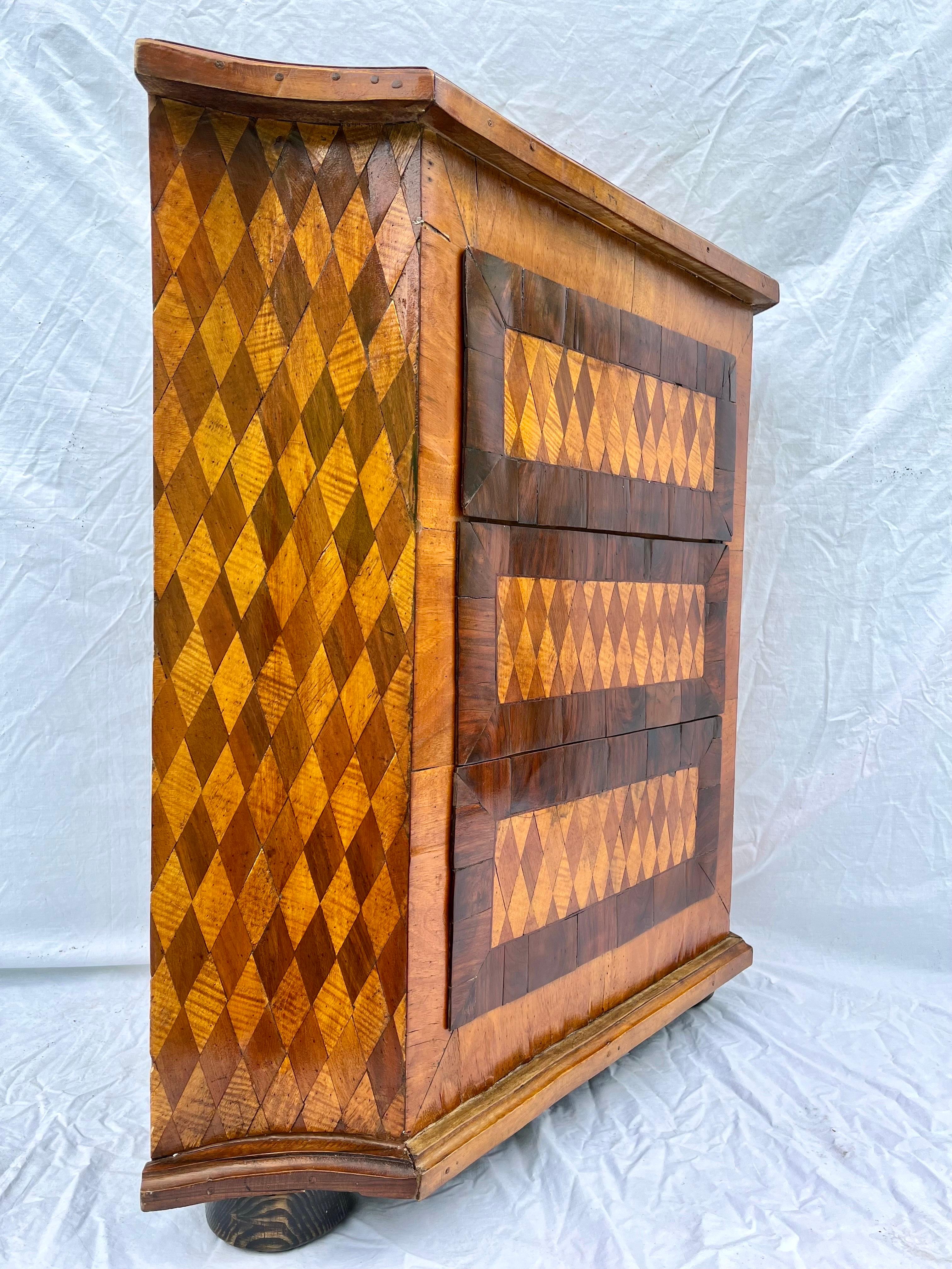 Antique Marquetry Diamond Inlaid Wood Three Drawer Corner Cabinet Chest or Table 3