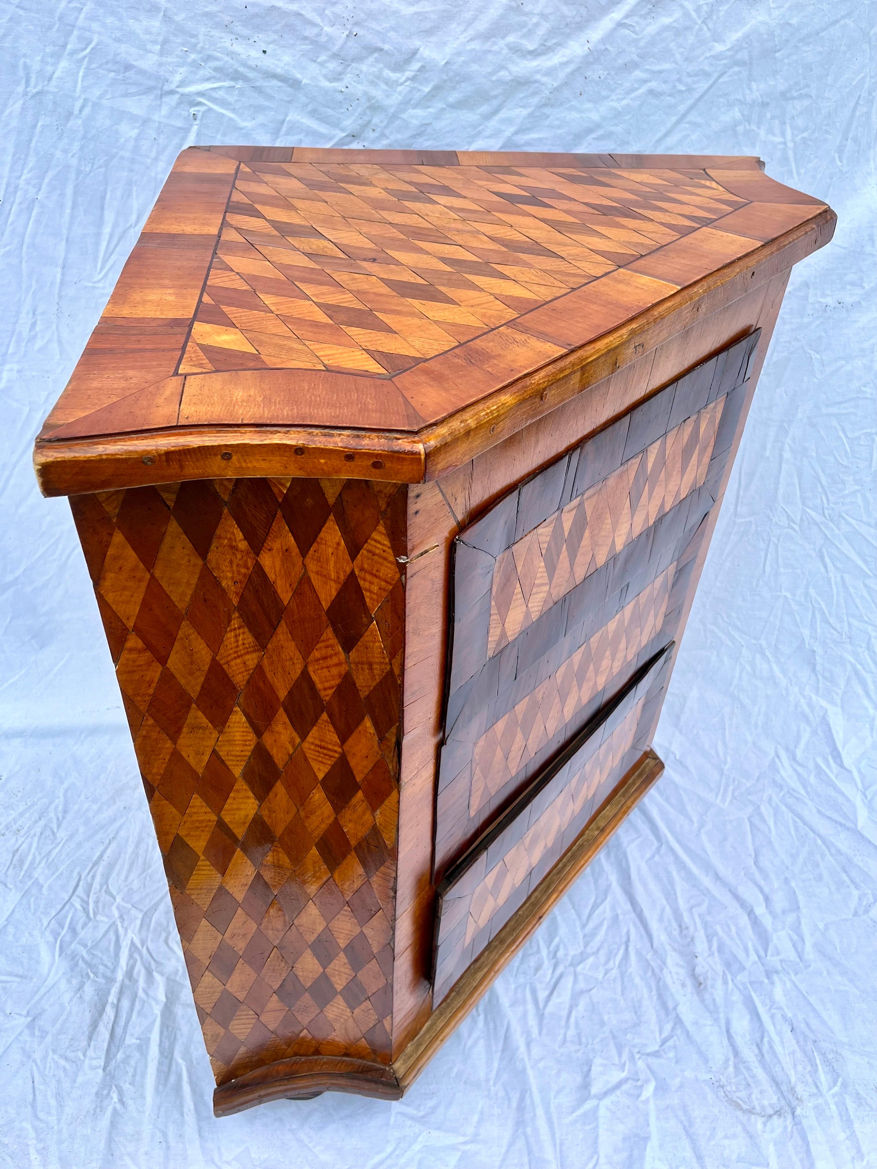 Antique Marquetry Diamond Inlaid Wood Three Drawer Corner Cabinet Chest or Table 4