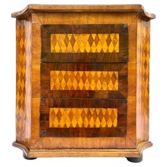 Used Marquetry Diamond Inlaid Wood Three Drawer Corner Cabinet Chest or Table