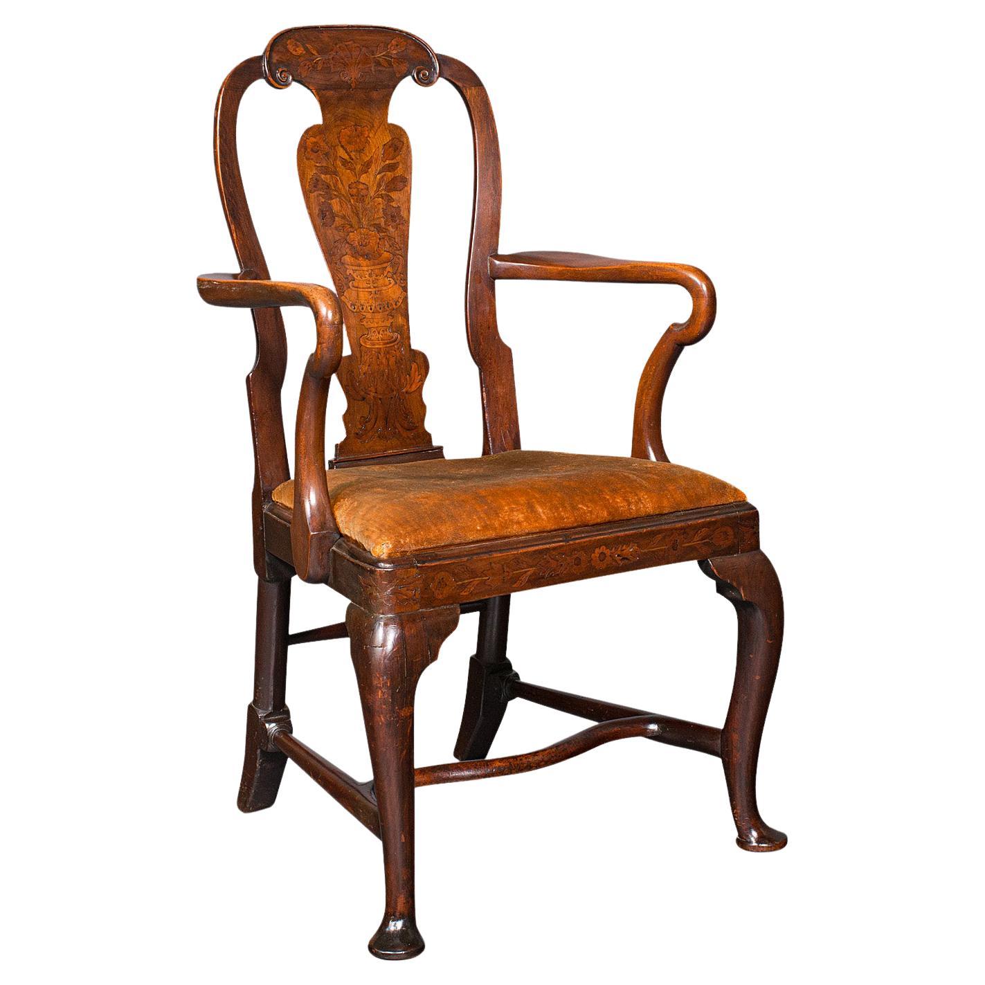 Antique Marquetry Elbow Chair, Dutch, Beech, Fruitwood, Carver, Georgian, C.1800