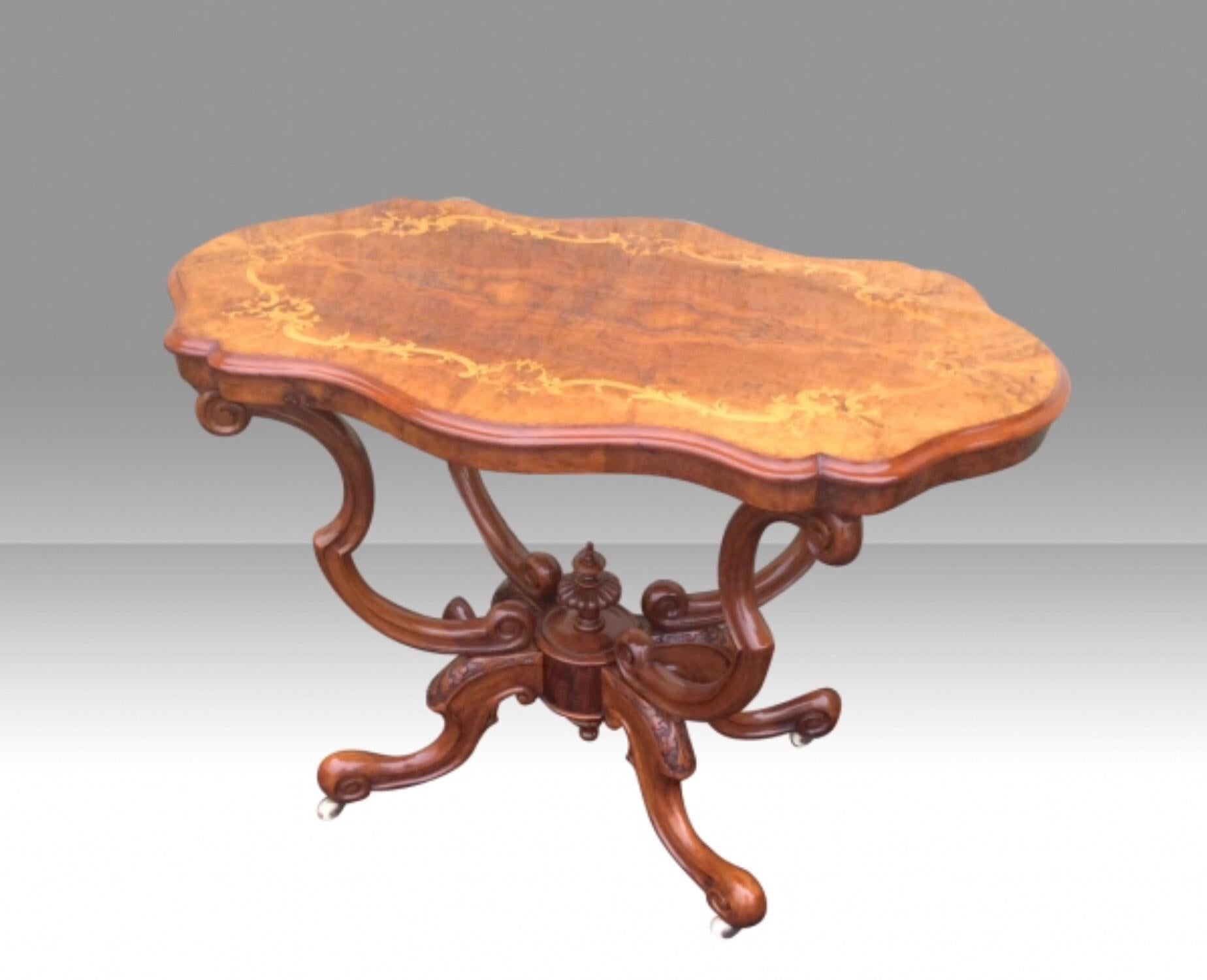 Victorian Antique Marquetry Inlaid Burr Walnut Window Table, Occasional Table For Sale