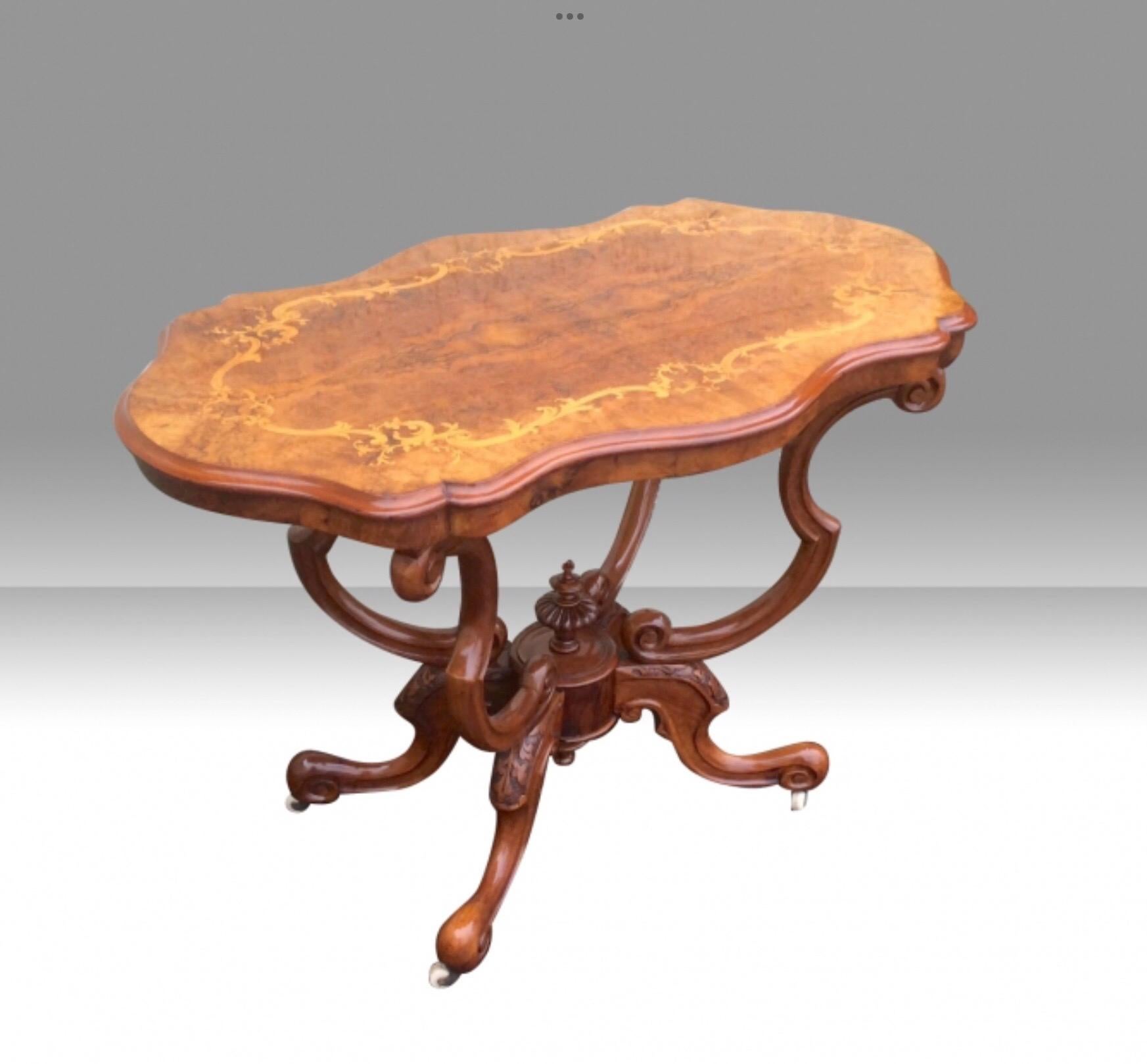 European Antique Marquetry Inlaid Burr Walnut Window Table, Occasional Table For Sale