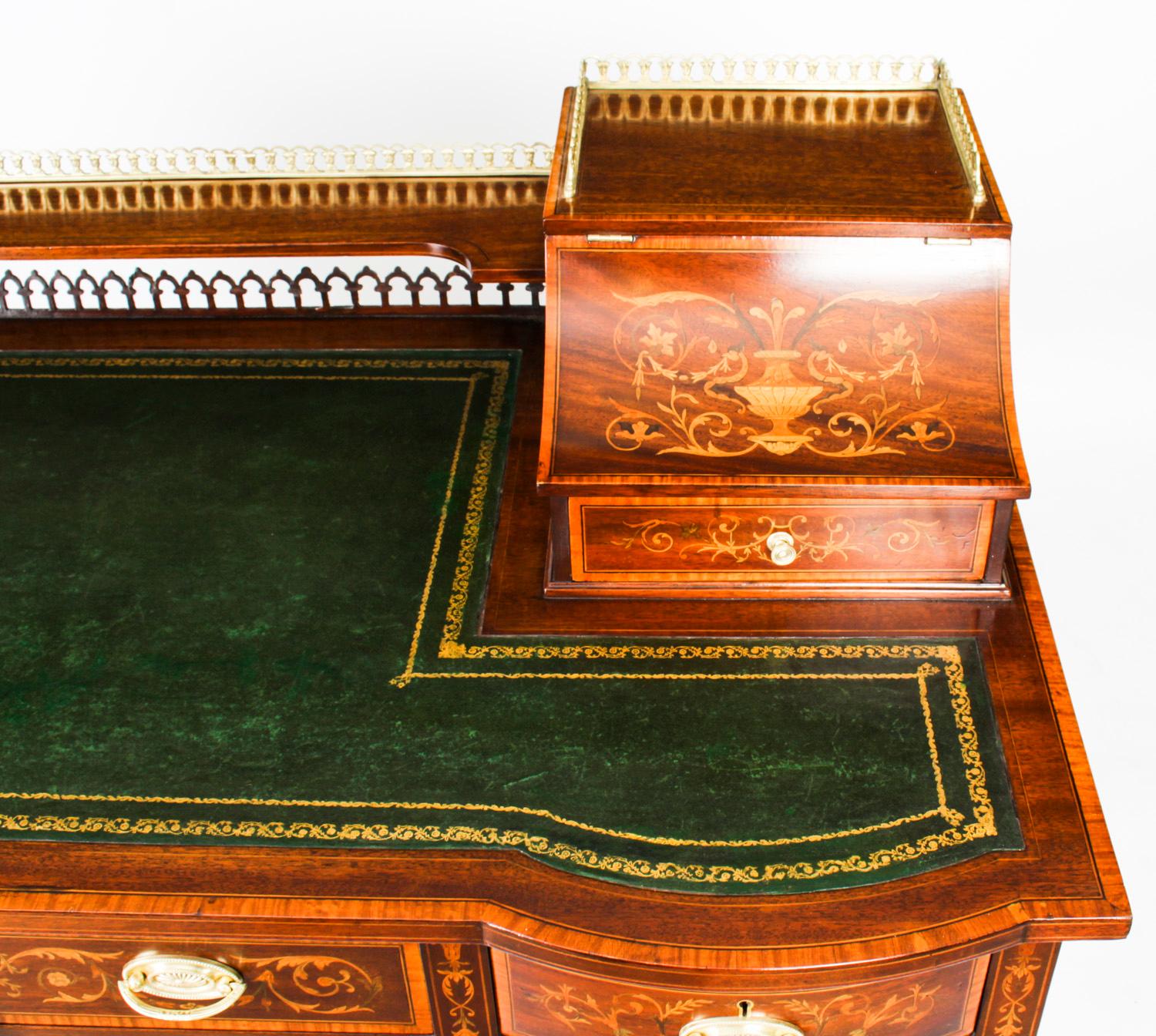 Mahogany Antique Marquetry Inlaid Desk Writing Table by Edwards & Roberts, 19th Century