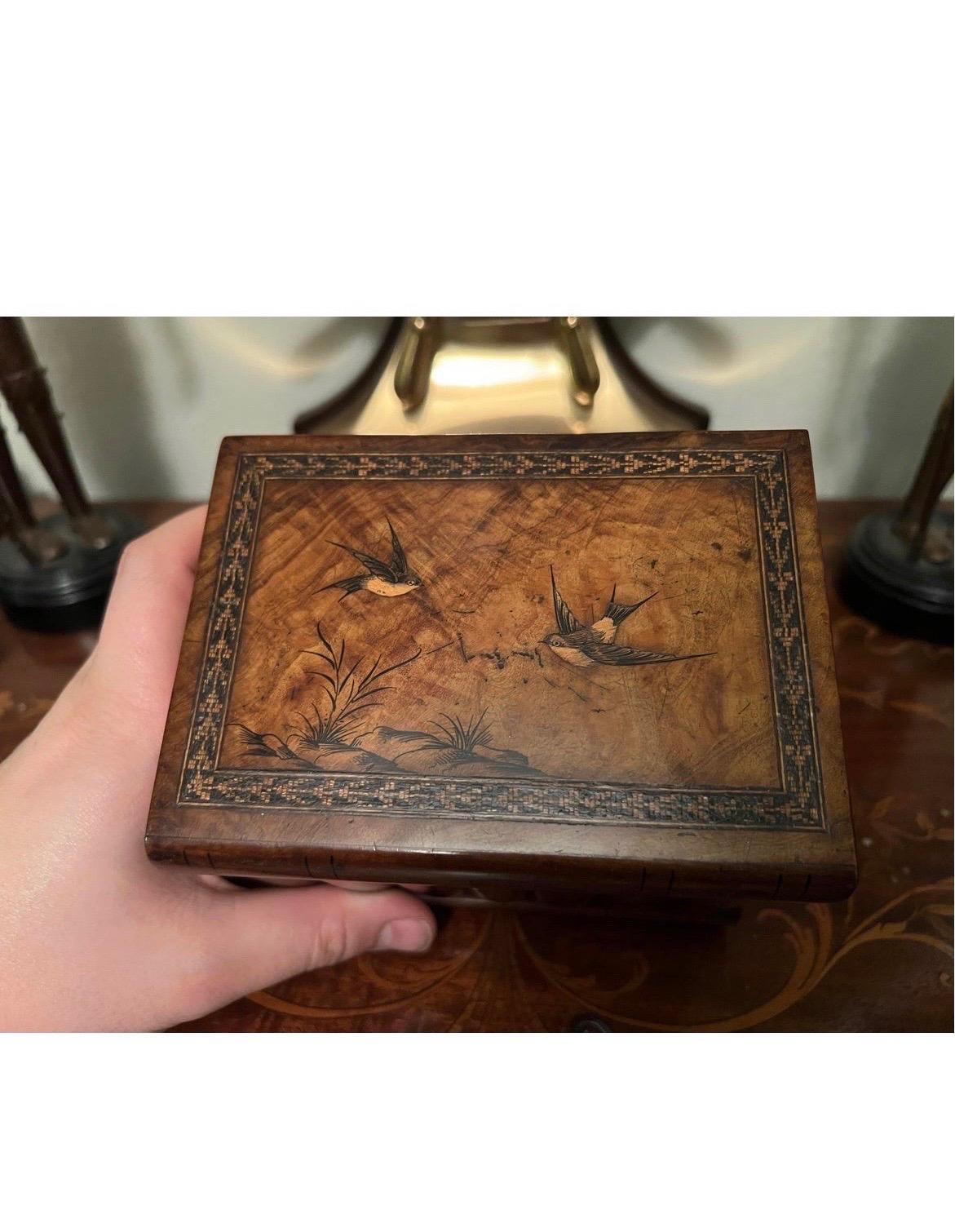 This is a truly unique antique box, not only does it have a faux book front. Fine inlay detail to the top - showcasing birds but it has a very cool hidden document storage area to the bottom!.