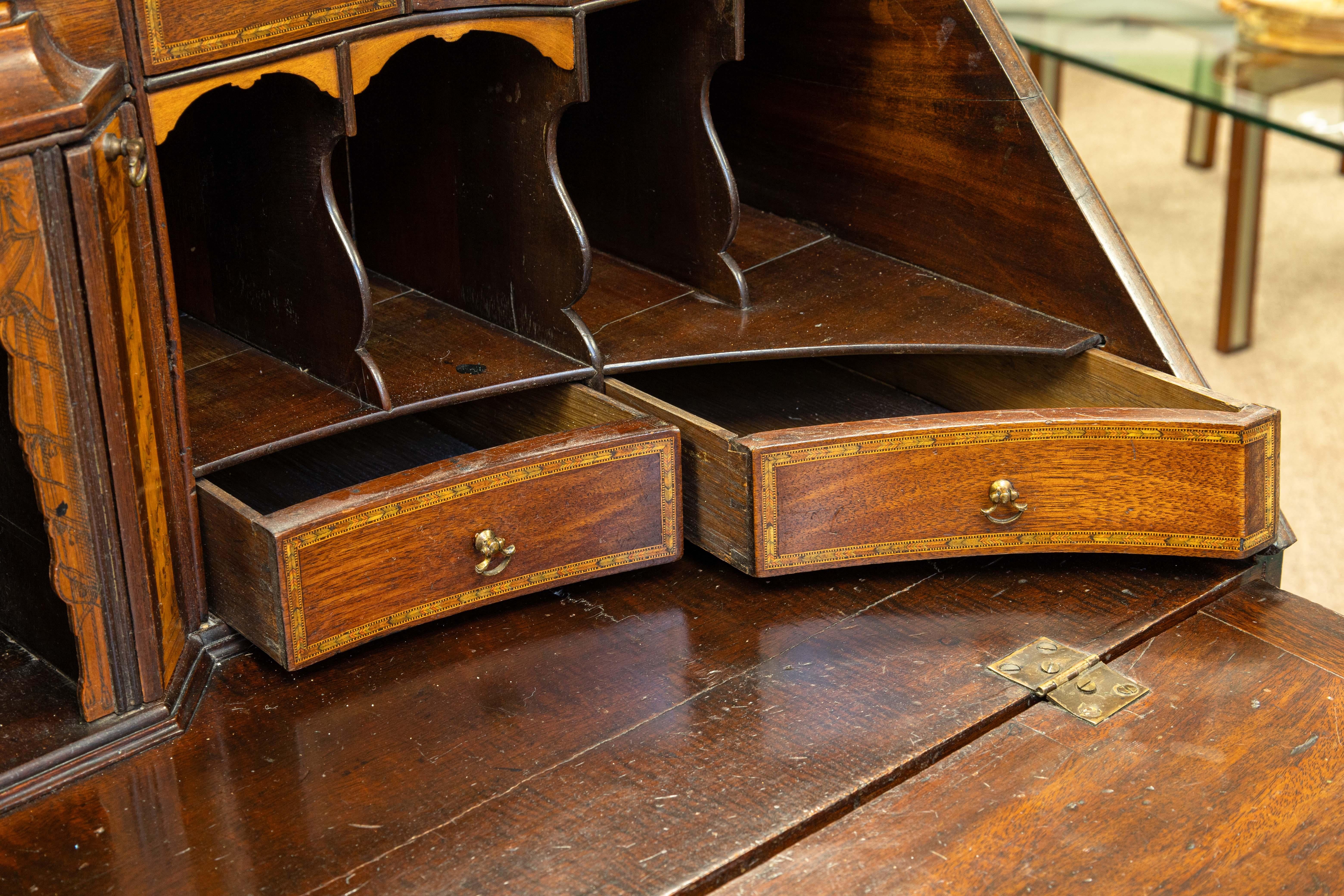 Antique Marquetry Inlaid Mahogany Secretary Writing Desk Made in England (20. Jahrhundert) im Angebot