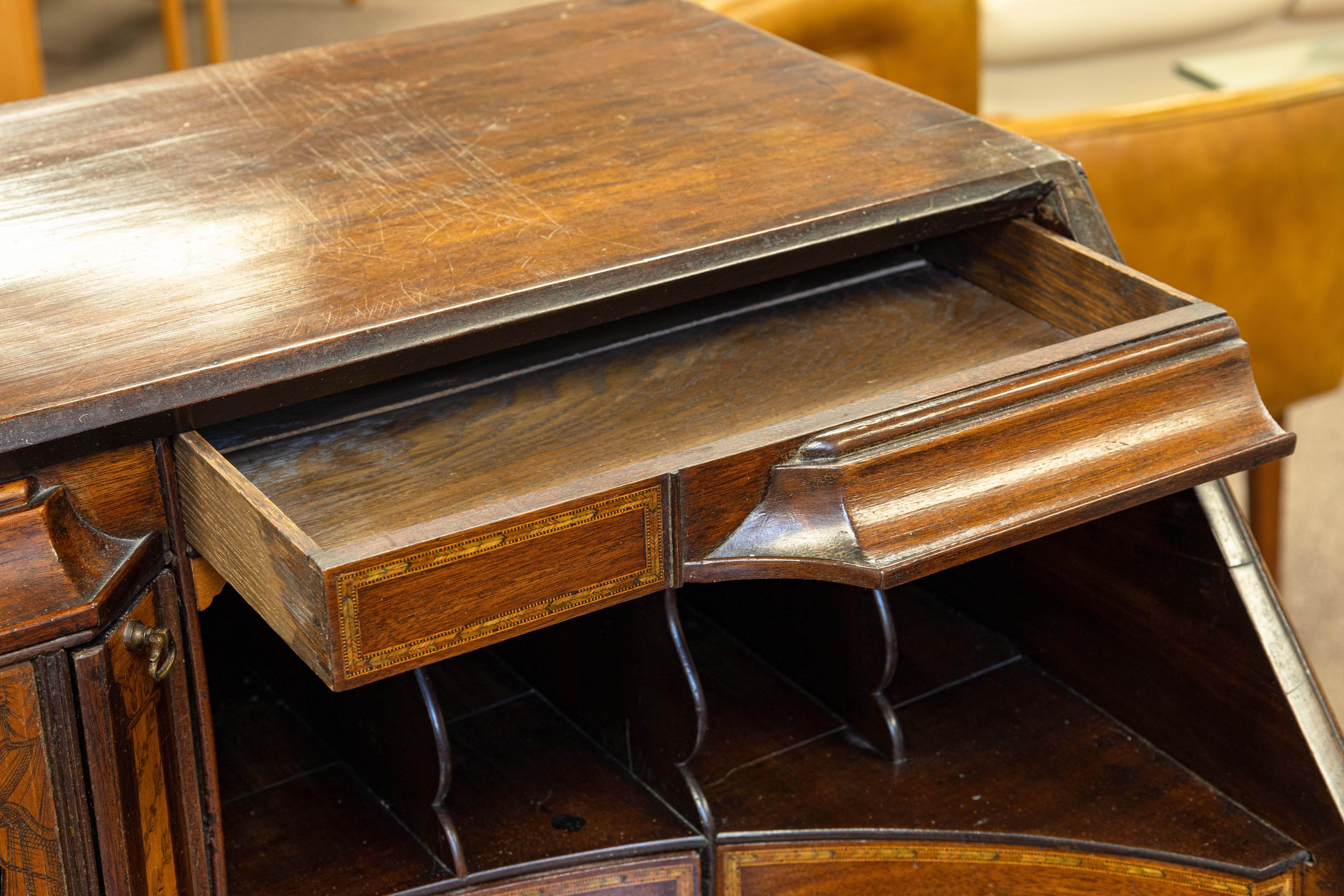 Antique Marquetry Inlaid Mahogany Secretary Writing Desk Made in England (Mahagoni) im Angebot