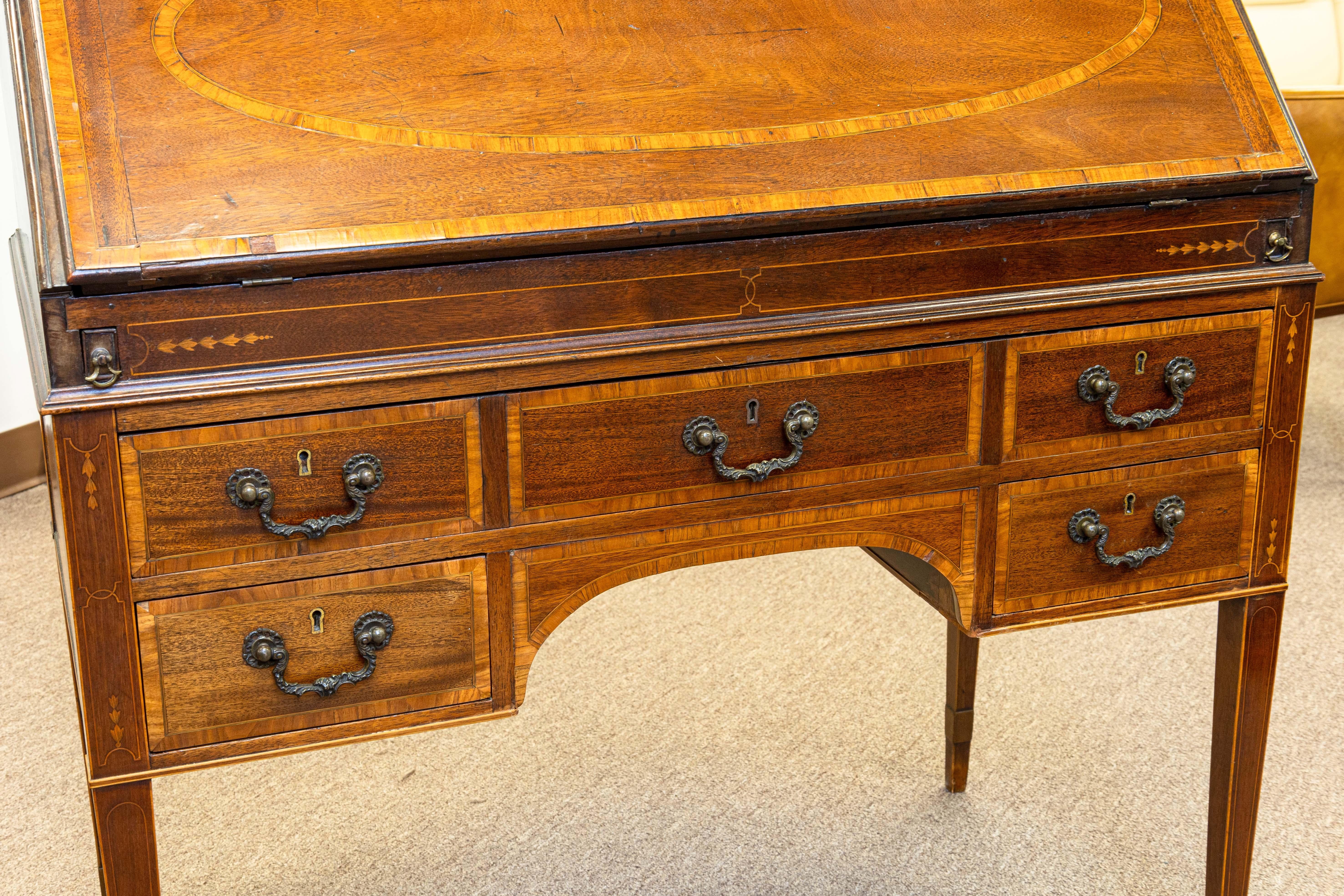 Antique Marquetry Inlaid Mahogany Secretary Writing Desk Made in England im Angebot 3