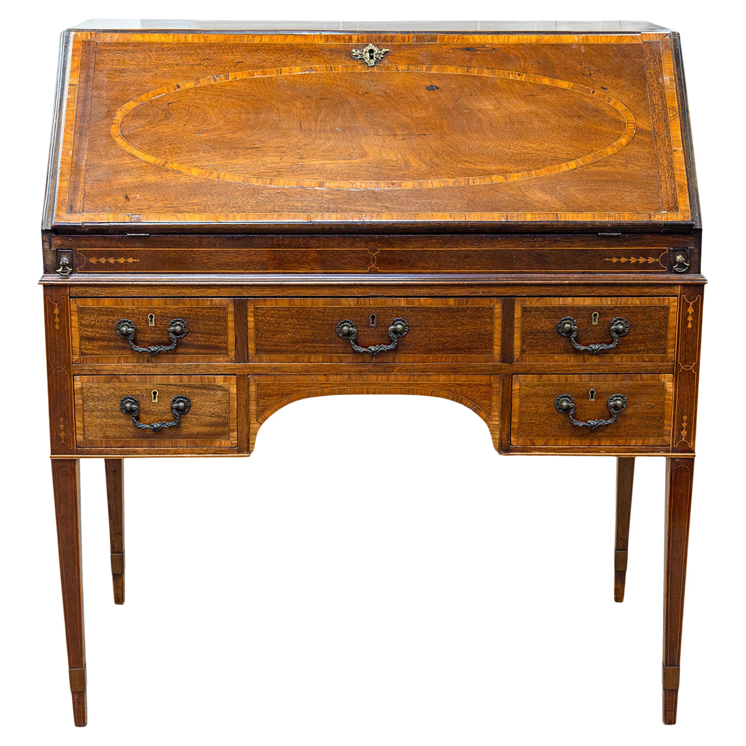 Antique Marquetry Inlaid Mahogany Secretary Writing Desk Made in England