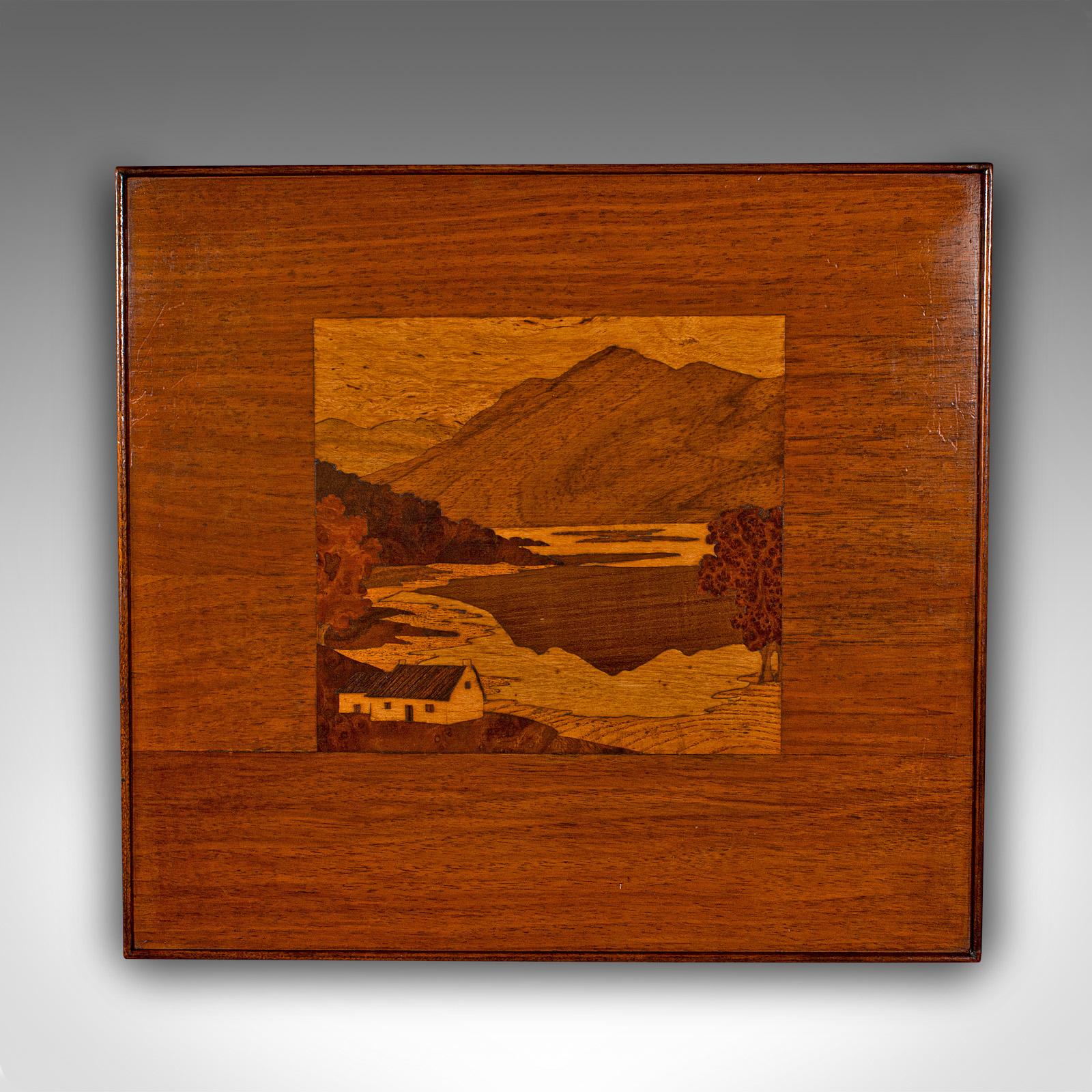 Dies ist eine antike Einlegearbeit Landschaft Panel. Eine dekorative Szene des Ben Lomond aus Mahagoni, Eiche und Wurzelnuss, aus der Edwardianischen Zeit, um 1910.

Faszinierende hölzerne Landschaftsszene eines schottischen Berges und eines