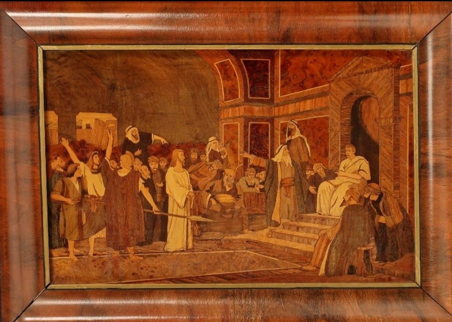 A rare and most impressive, exquisitely hand-crafted marquetry plaque, early 20th century, exceptionally executed masterpiece, intricately inlaid exotic woods depicting Christ in front of Pilate, after Mihaly Munkacsy (Hungarian, 1844-1900), signed