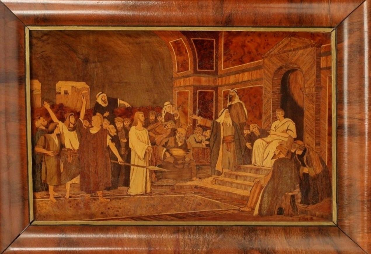20th Century Antique Marquetry Panel Religious Artwork After Mihaly Munkacsy Signed Pittel B For Sale