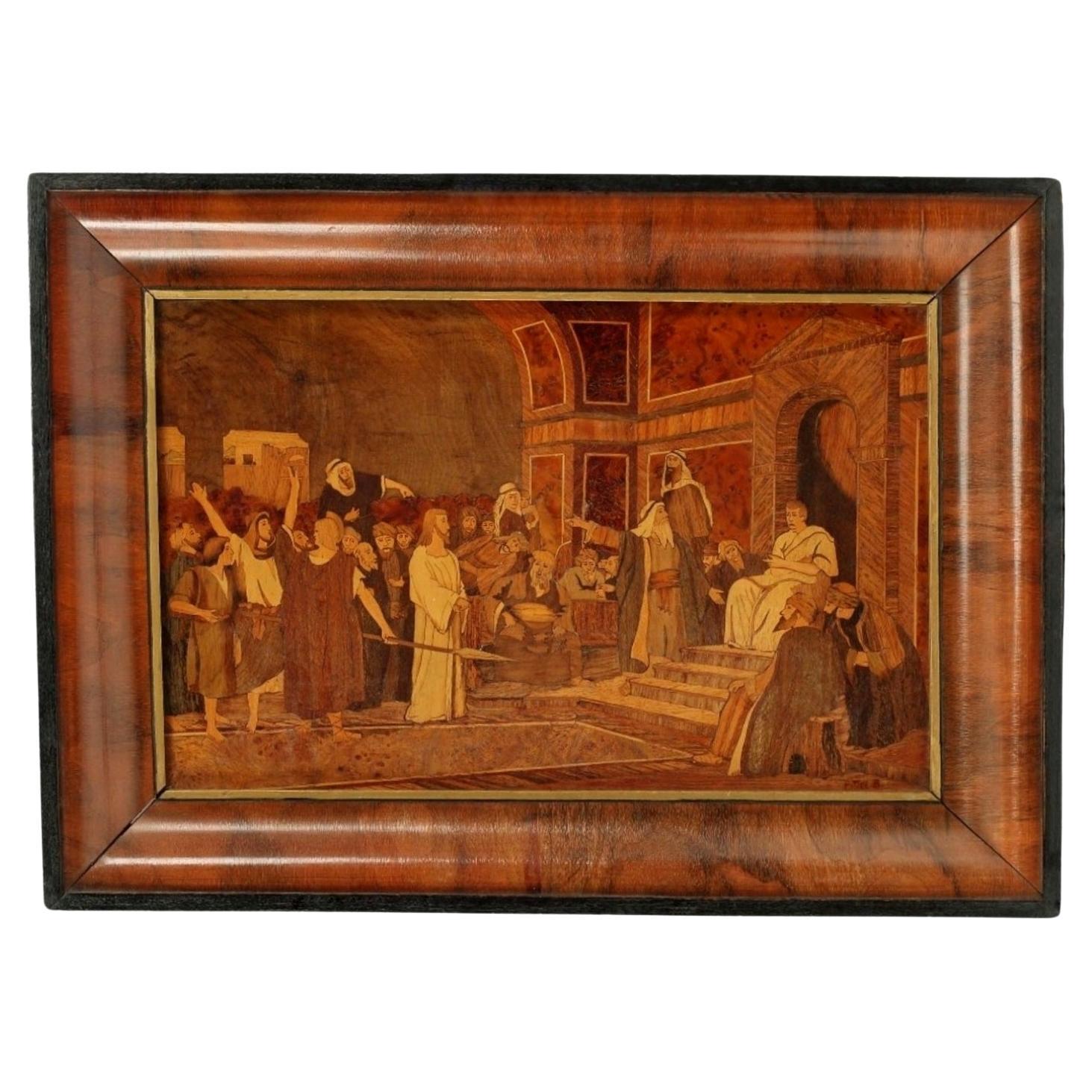 Antique Marquetry Panel Religious Artwork After Mihaly Munkacsy Signed Pittel B For Sale
