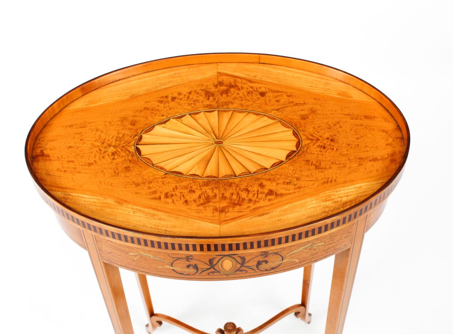 English Antique Marquetry & Shell Inlaid Satinwood Oval Occasional Table, 19th Century