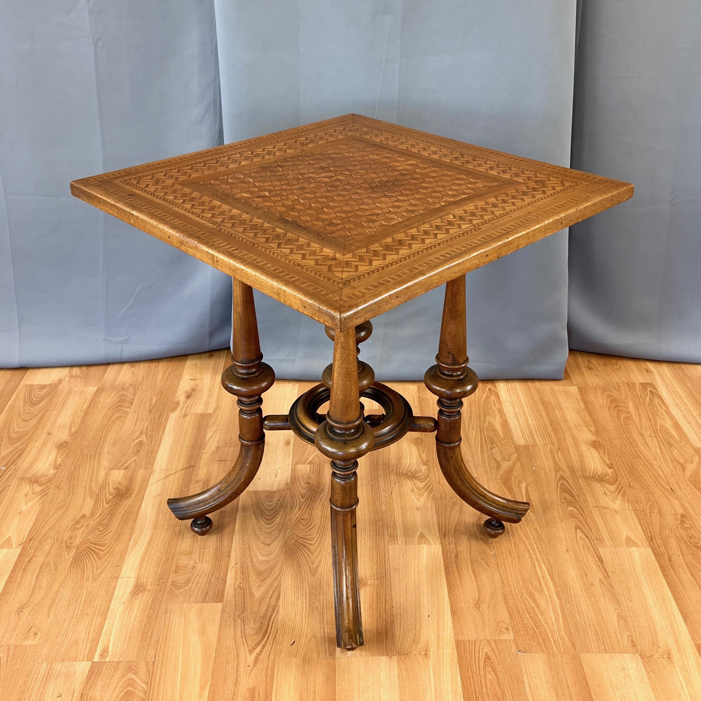 Antique Marquetry-Top Card or Game Table on Turned Wood Base, circa 1900 For Sale 10