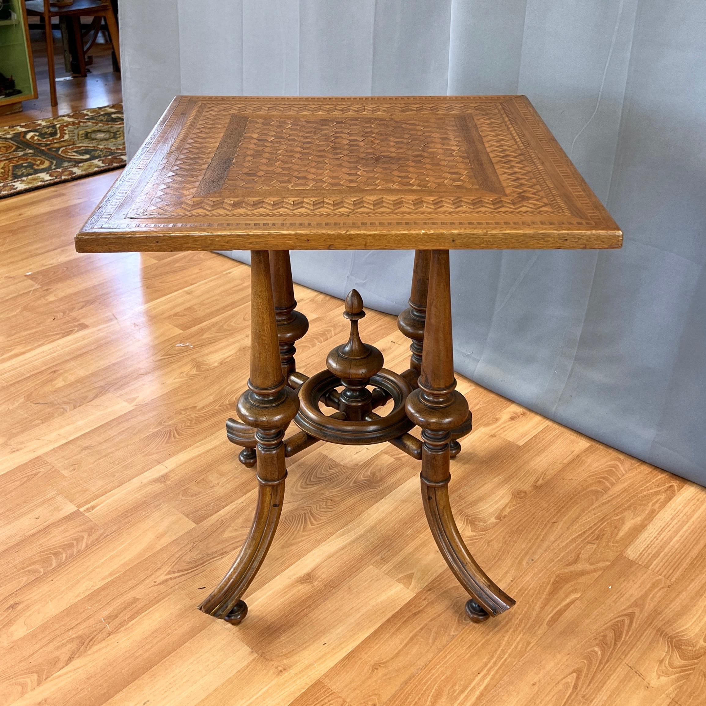 Antique Marquetry-Top Card or Game Table on Turned Wood Base, circa 1900 For Sale 11