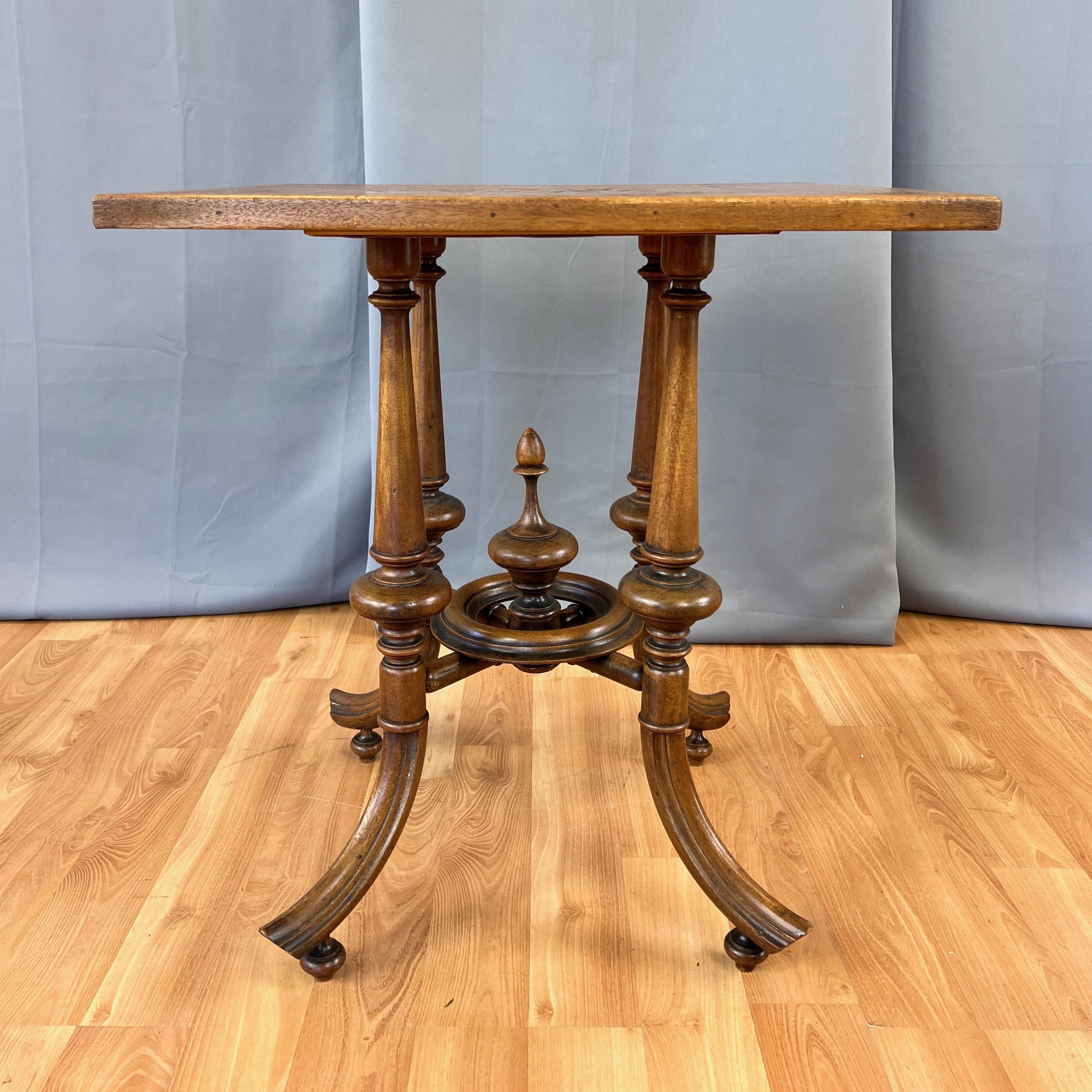 American Antique Marquetry-Top Card or Game Table on Turned Wood Base, circa 1900 For Sale