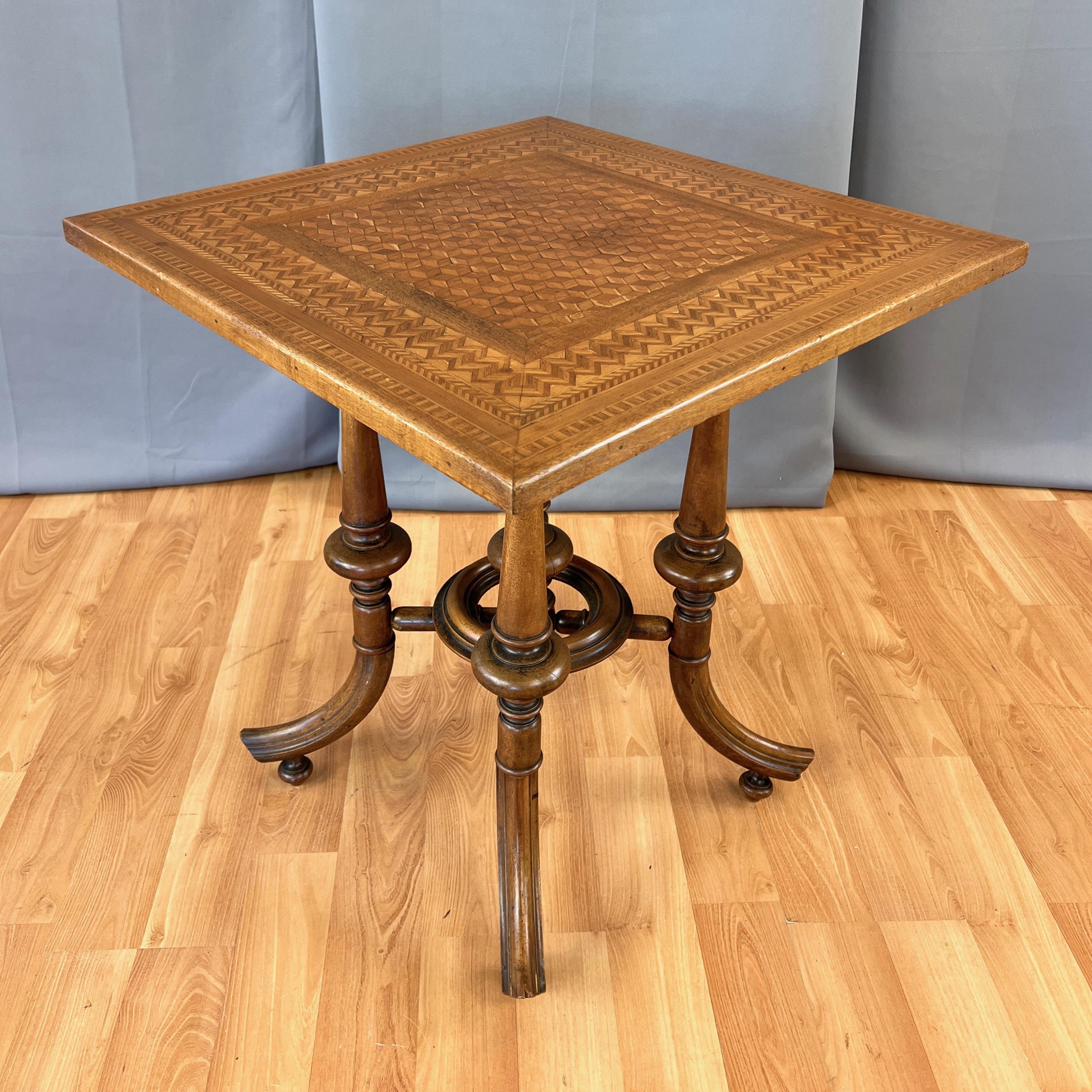 Hand-Crafted Antique Marquetry-Top Card or Game Table on Turned Wood Base, circa 1900 For Sale