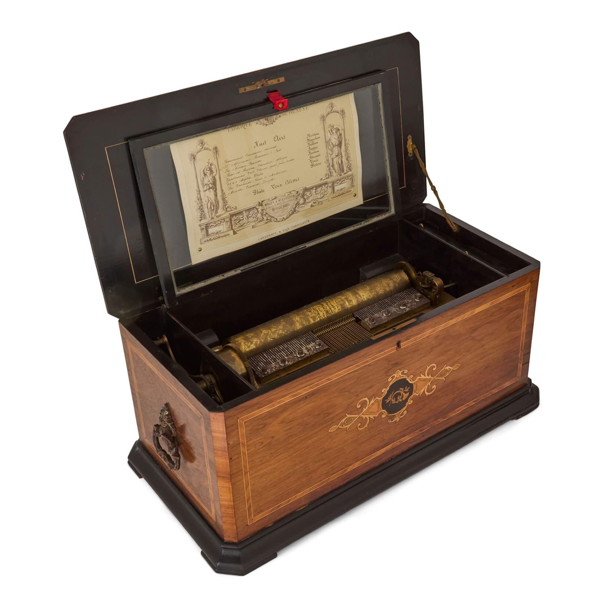 Suisse Boîte à musique ancienne en marqueterie de bois de Langdorff & Fils en vente