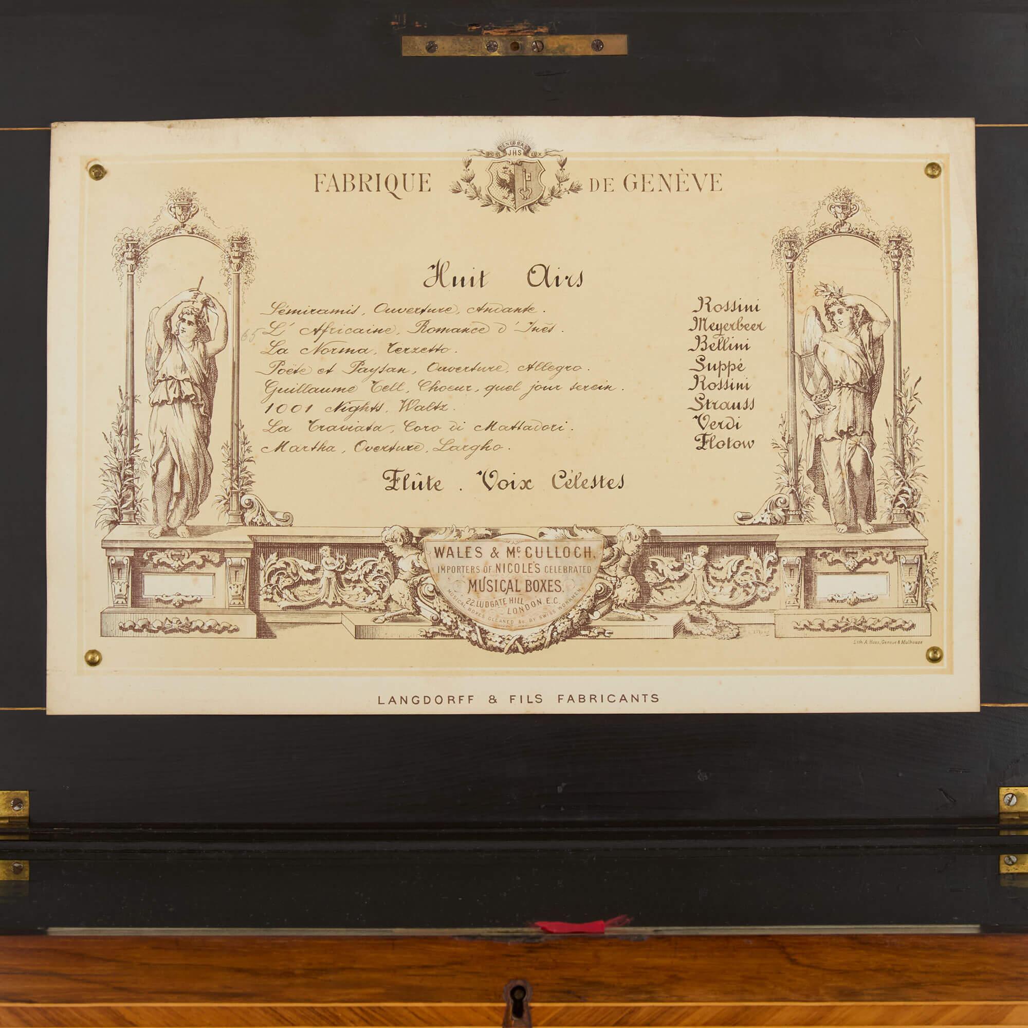 Marqueterie Boîte à musique ancienne en marqueterie de bois de Langdorff & Fils en vente