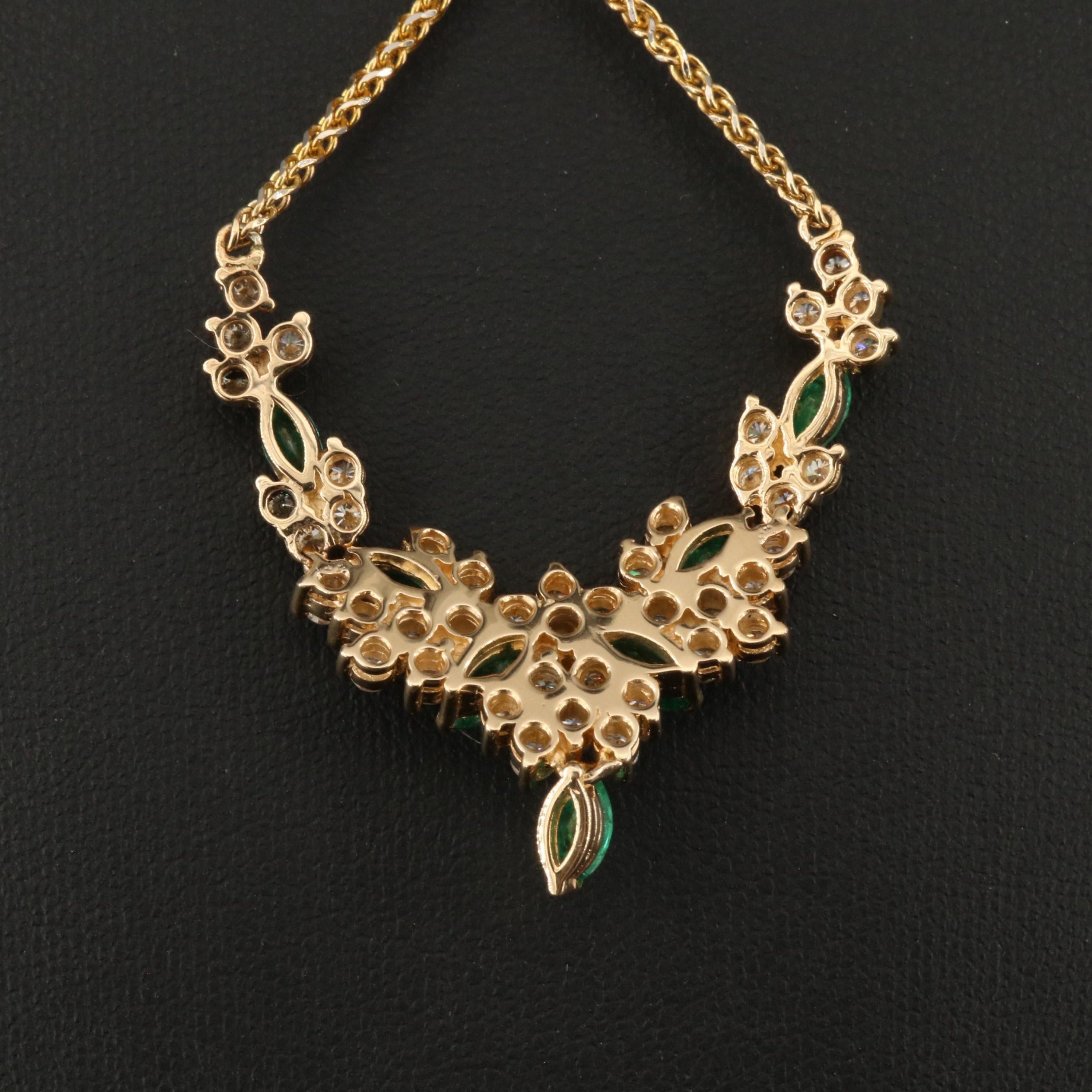 Women's Antique Marquise Cut Emerald Diamonds Necklace, 18K Gold For Sale