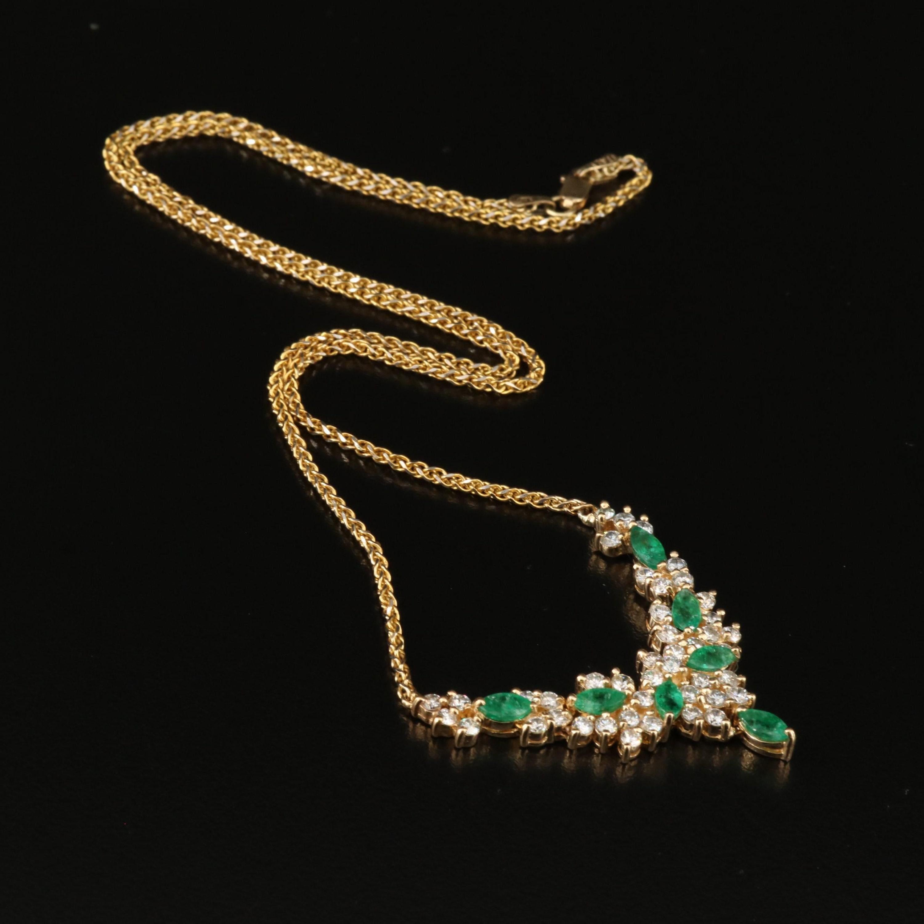 Antique Marquise Cut Emerald Diamonds Necklace, 18K Gold For Sale 1