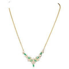 Antique Marquise Cut Emerald Diamonds Necklace, 18K Gold