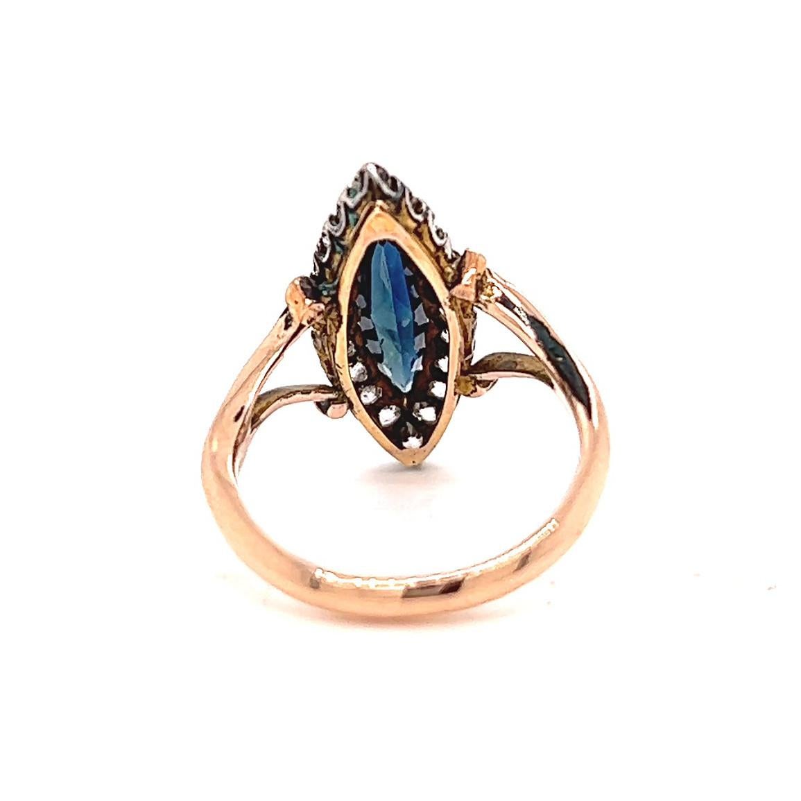 Antique Marquise Cut Sapphire Diamond 18 Karat Rose Gold Navette Ring In Excellent Condition In Beverly Hills, CA