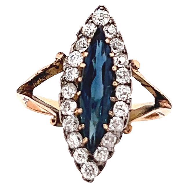 Antique Marquise Cut Sapphire Diamond 18 Karat Rose Gold Navette Ring