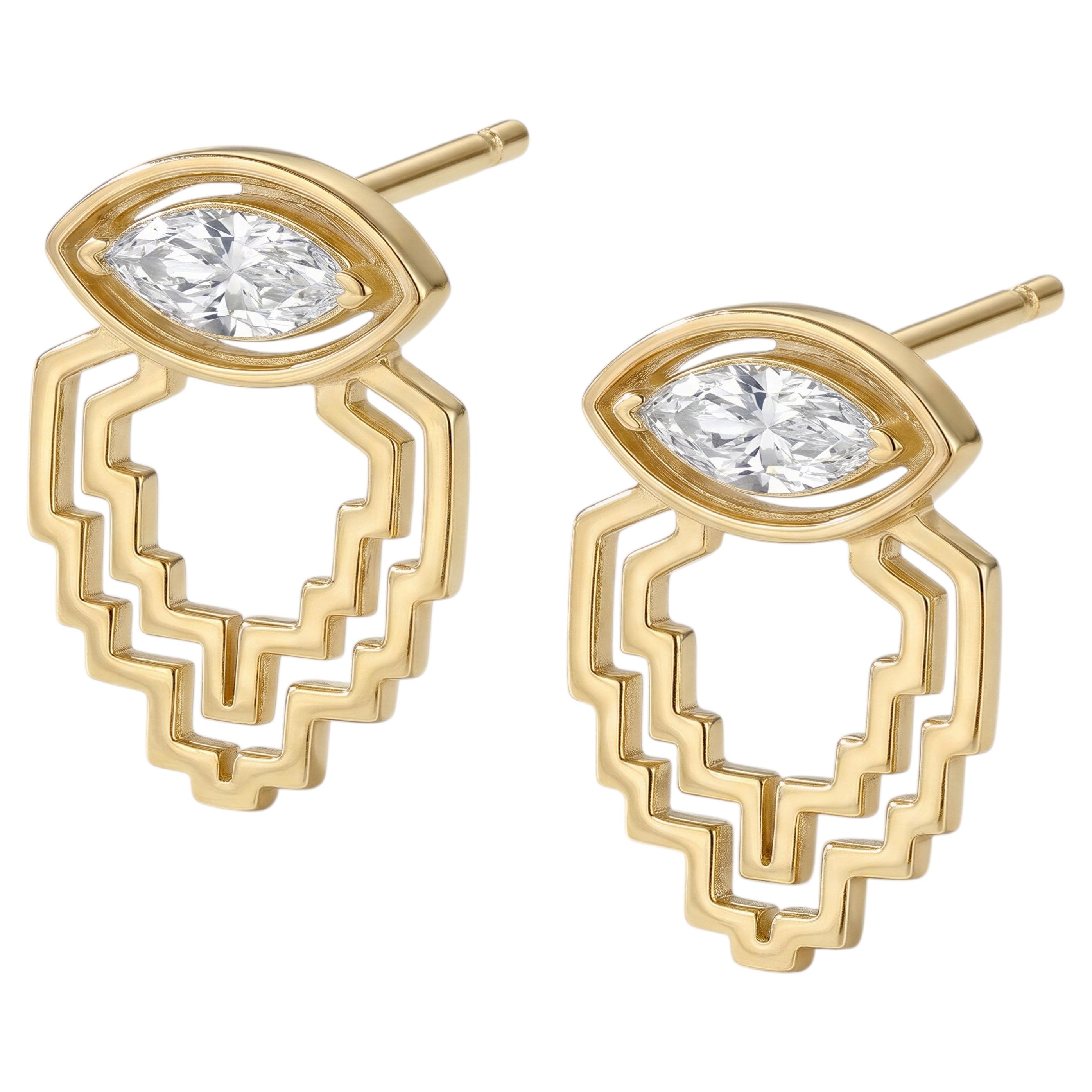 Antique 18k Yellow Gold Marquise Diamond Drop Stud Earrings For Sale