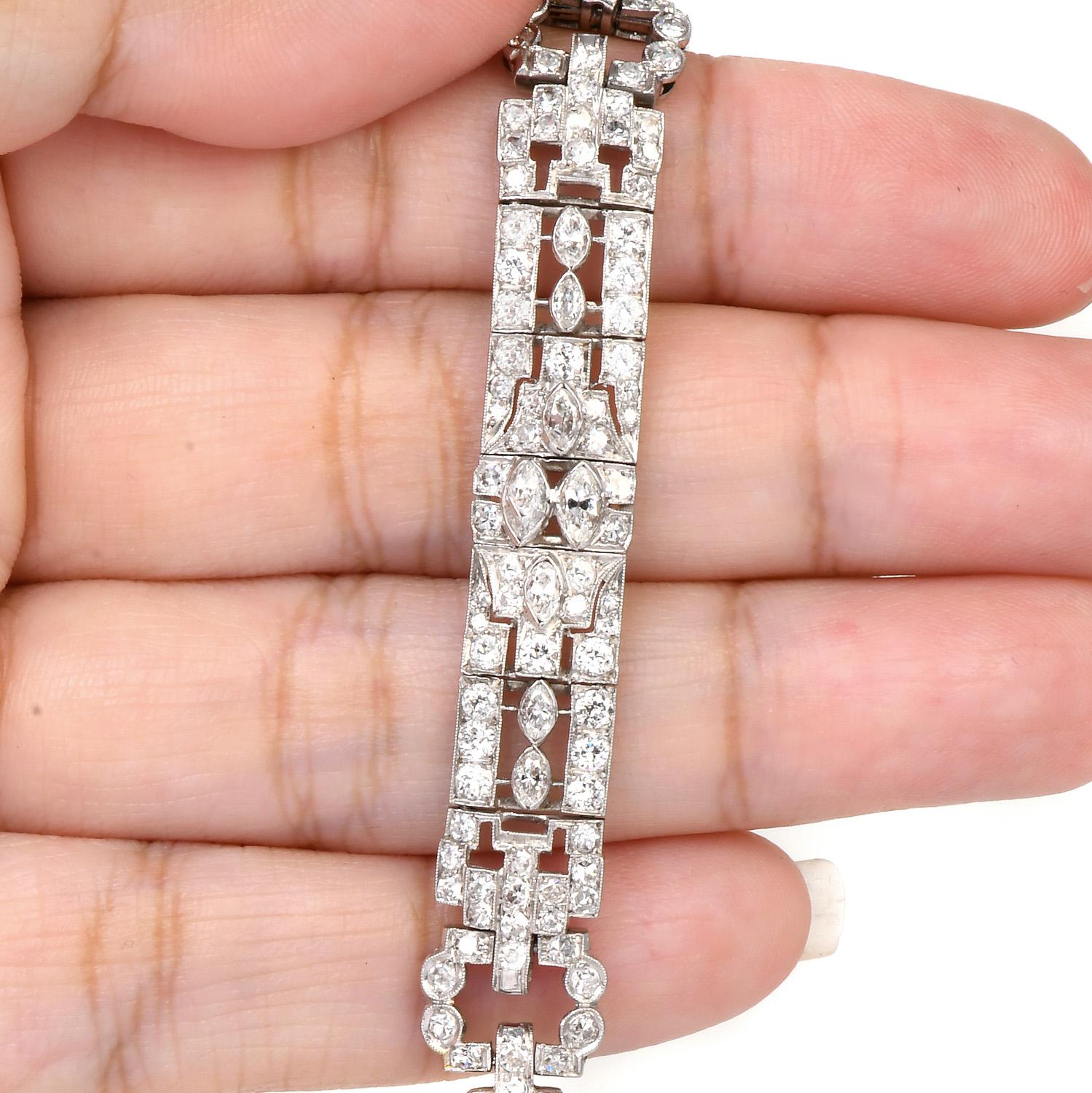 Bracelet à maillons géométriques Art déco en platine avec diamants marquises anciens en vente 1