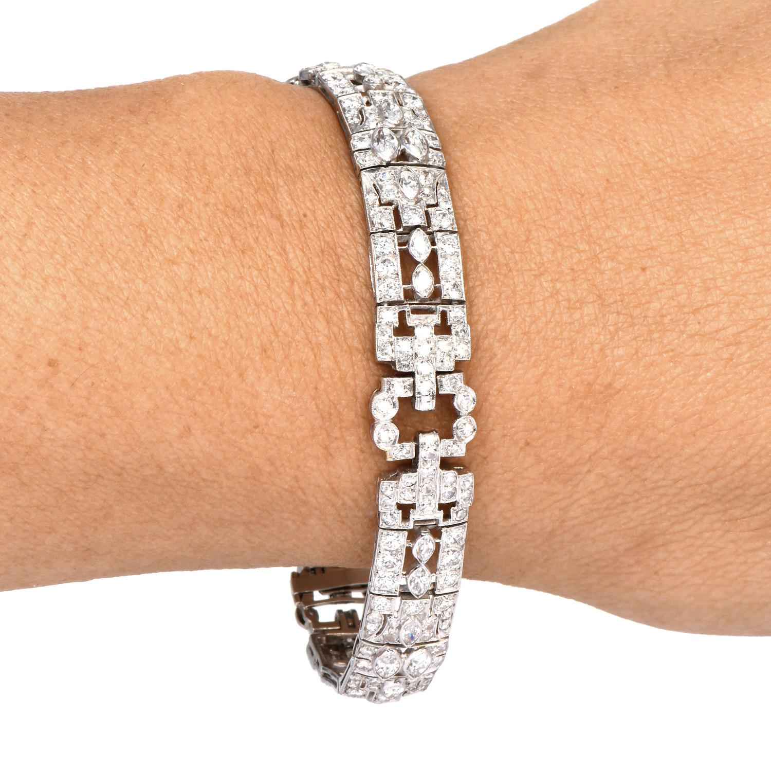 Bracelet à maillons géométriques Art déco en platine avec diamants marquises anciens en vente 2