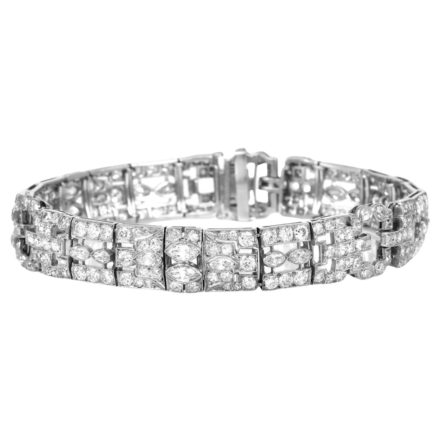 Bracelet à maillons géométriques Art déco en platine avec diamants marquises anciens en vente