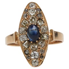 Antique Marquise Ring in 14K Gold with Sapphire and Old-Cut Diamonds